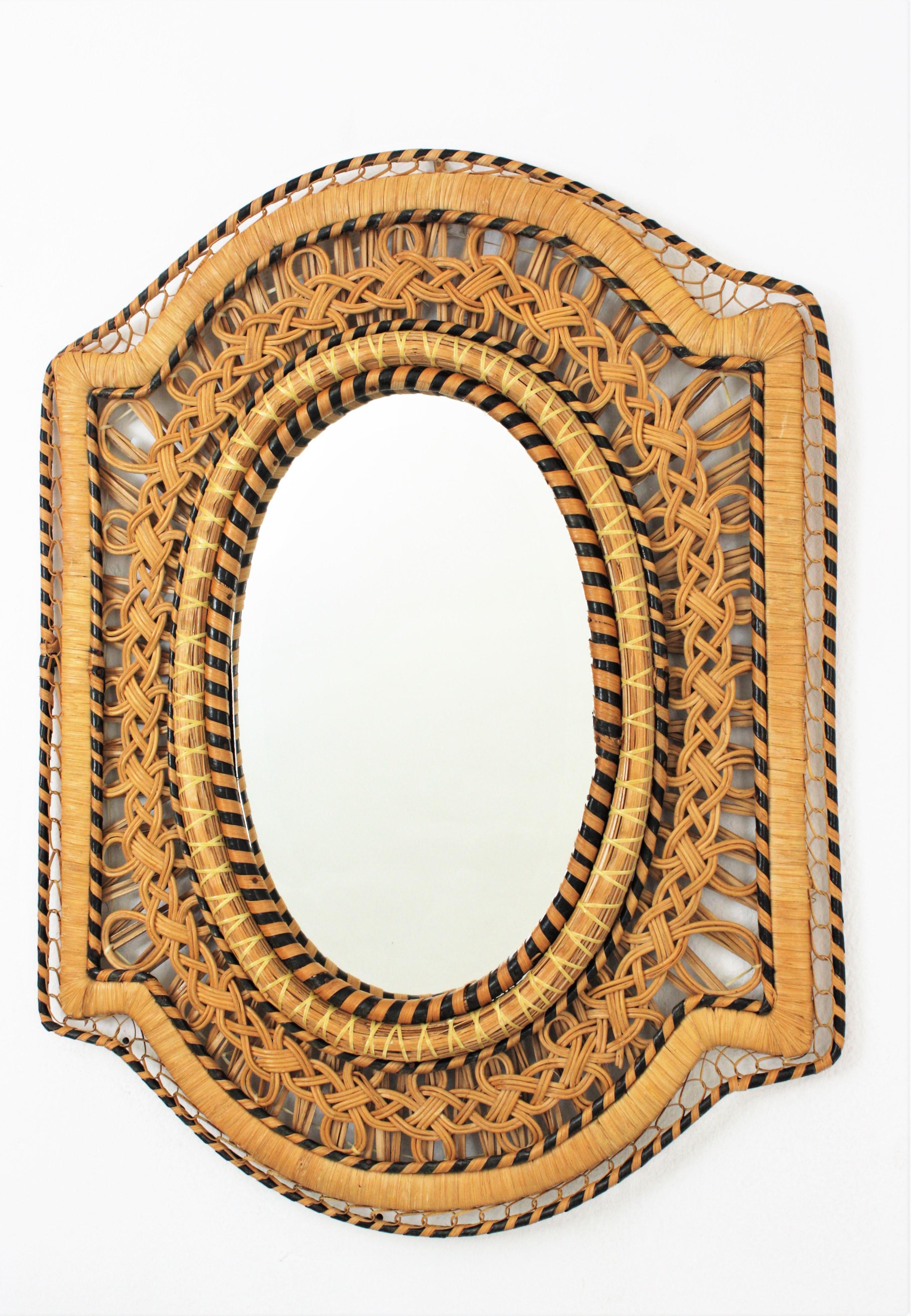 20th Century Rattan and Wicker Braided Emmanuelle Peacock Mirror, 1970s