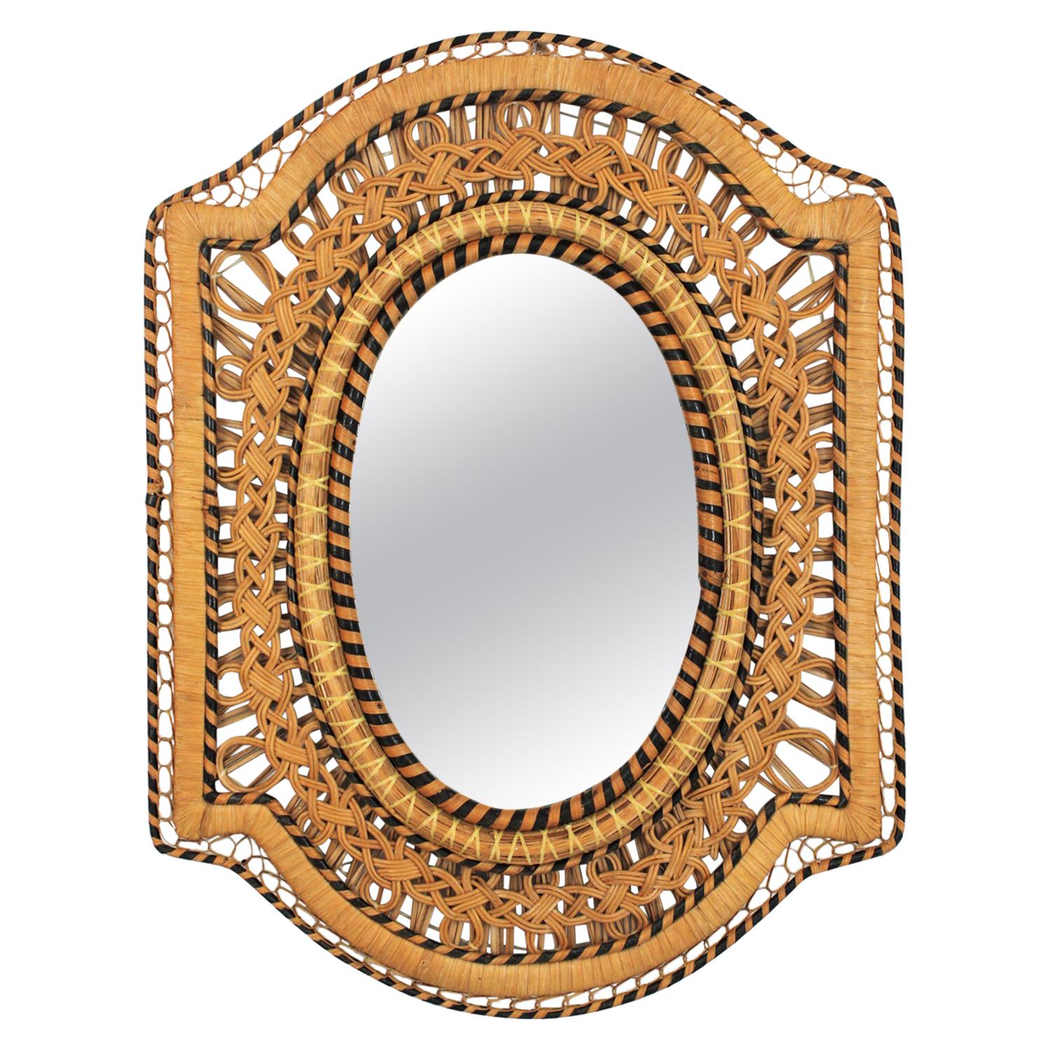Rattan and Wicker Braided Emmanuelle Peacock Mirror, 1970s
