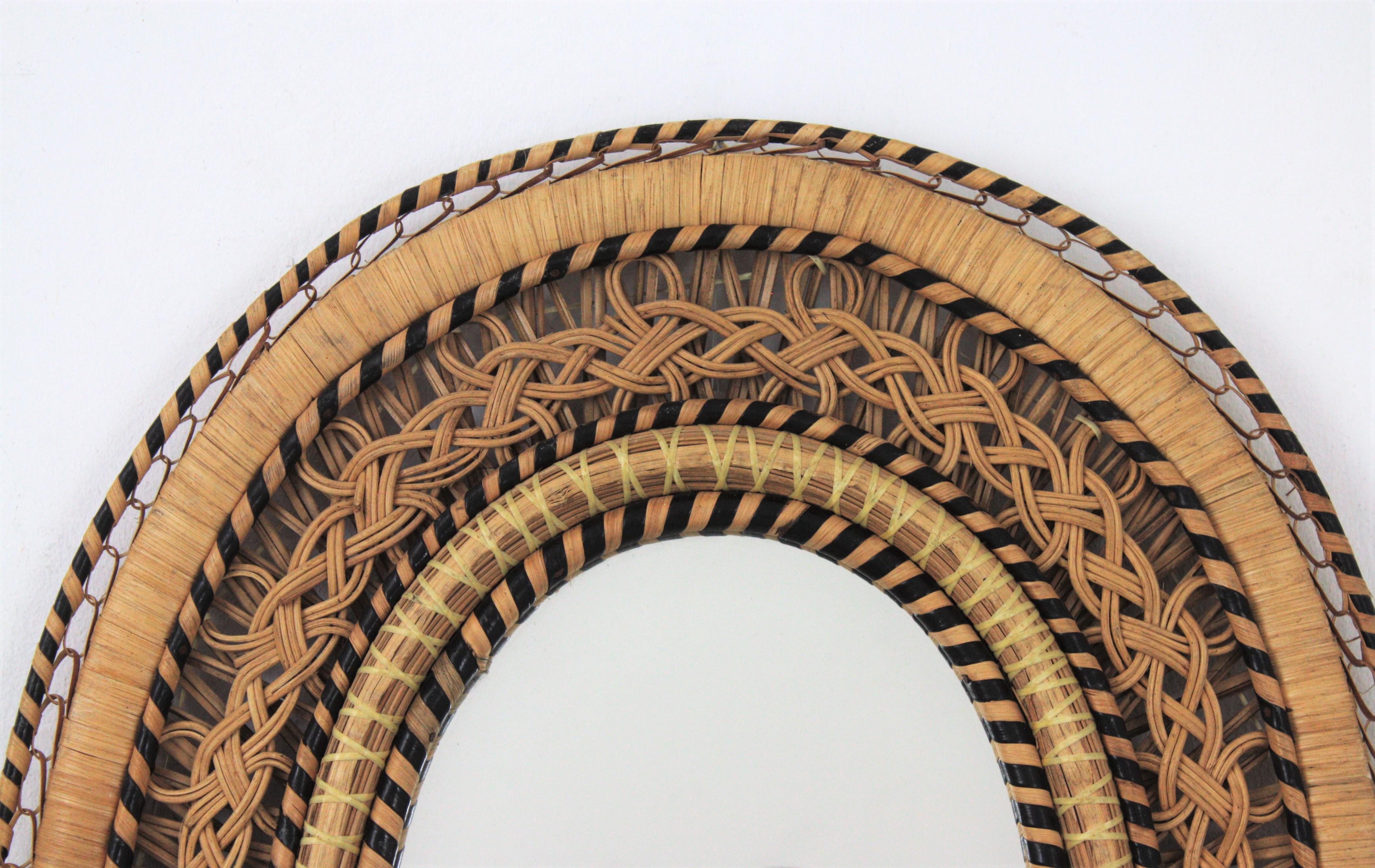 Rattan and Wicker Braided Emmanuelle Peacock Oval Mirror, 1970s 2