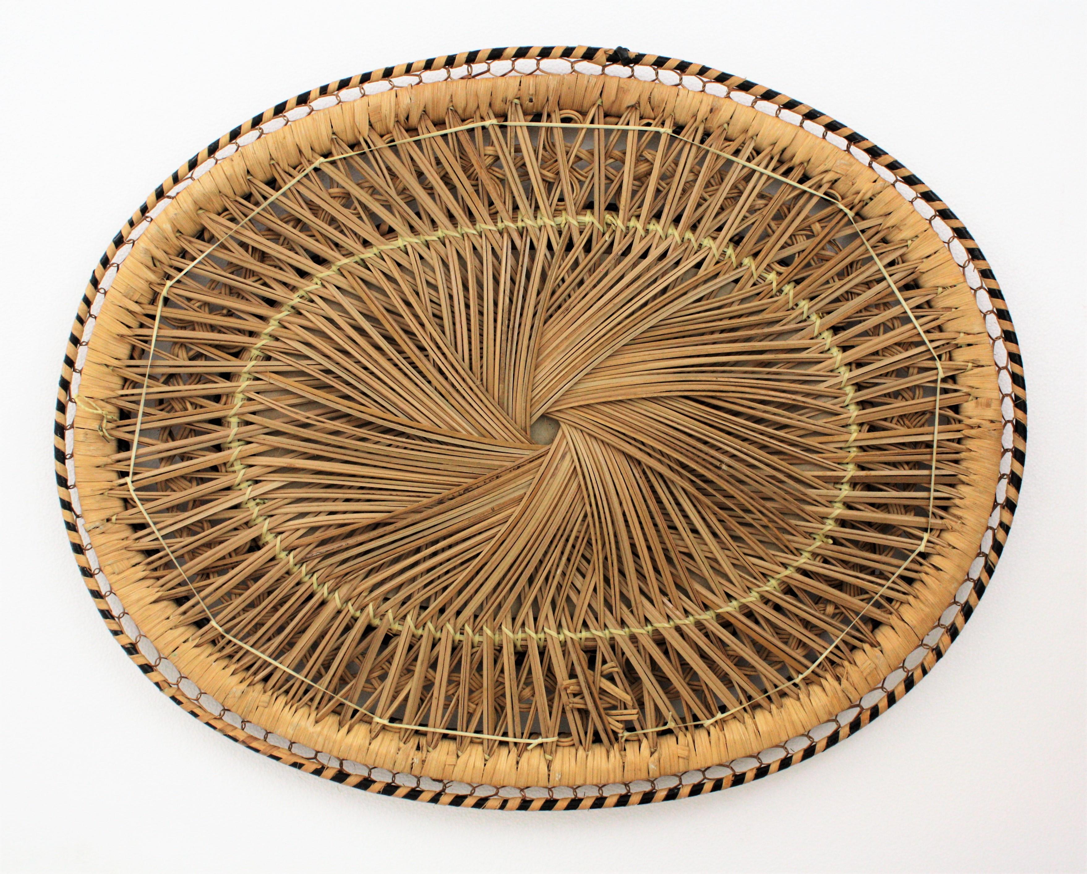 Rattan and Wicker Braided Emmanuelle Peacock Oval Mirror, 1970s 3