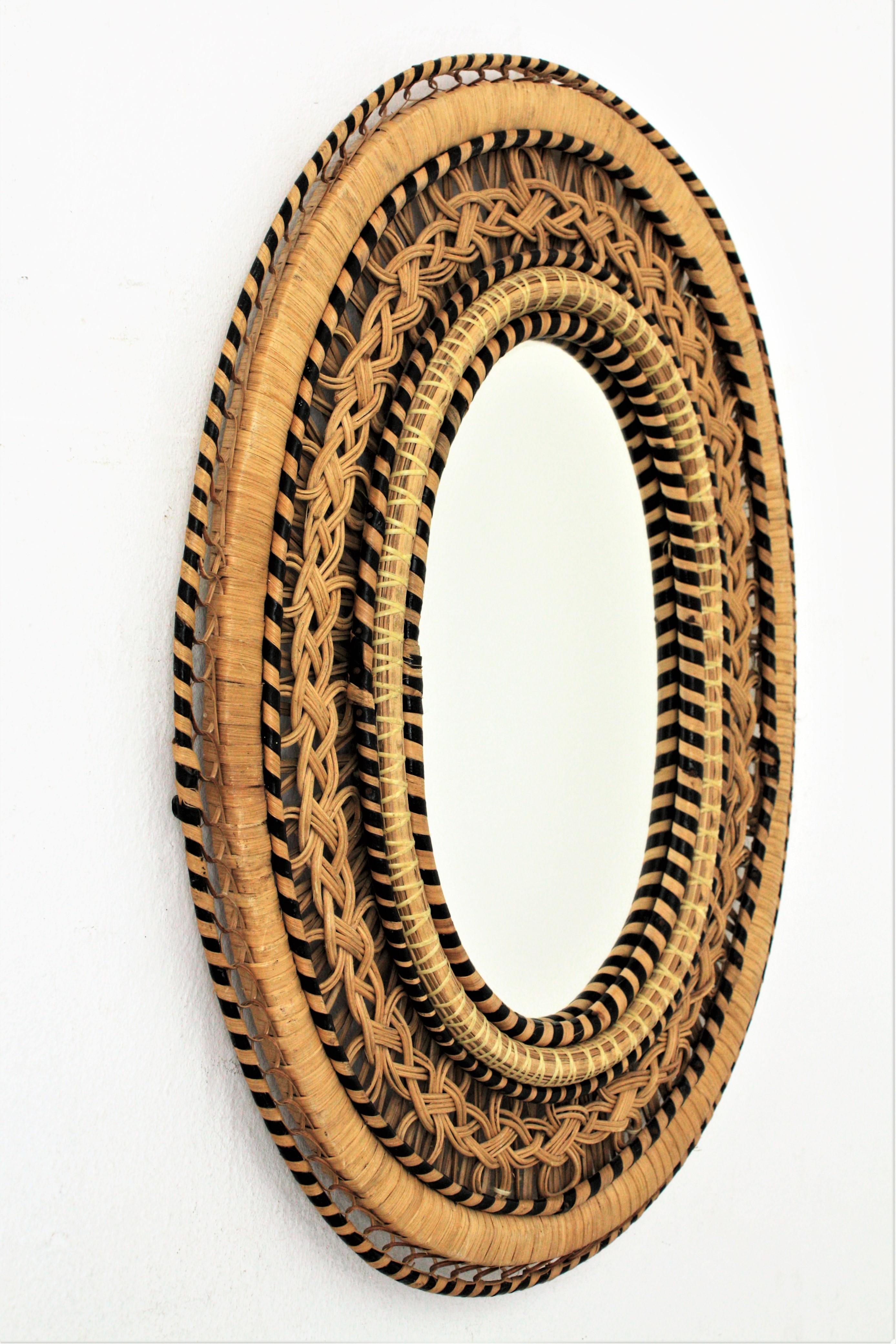 Mid-Century Modern Rattan and Wicker Braided Emmanuelle Peacock Oval Mirror, 1970s