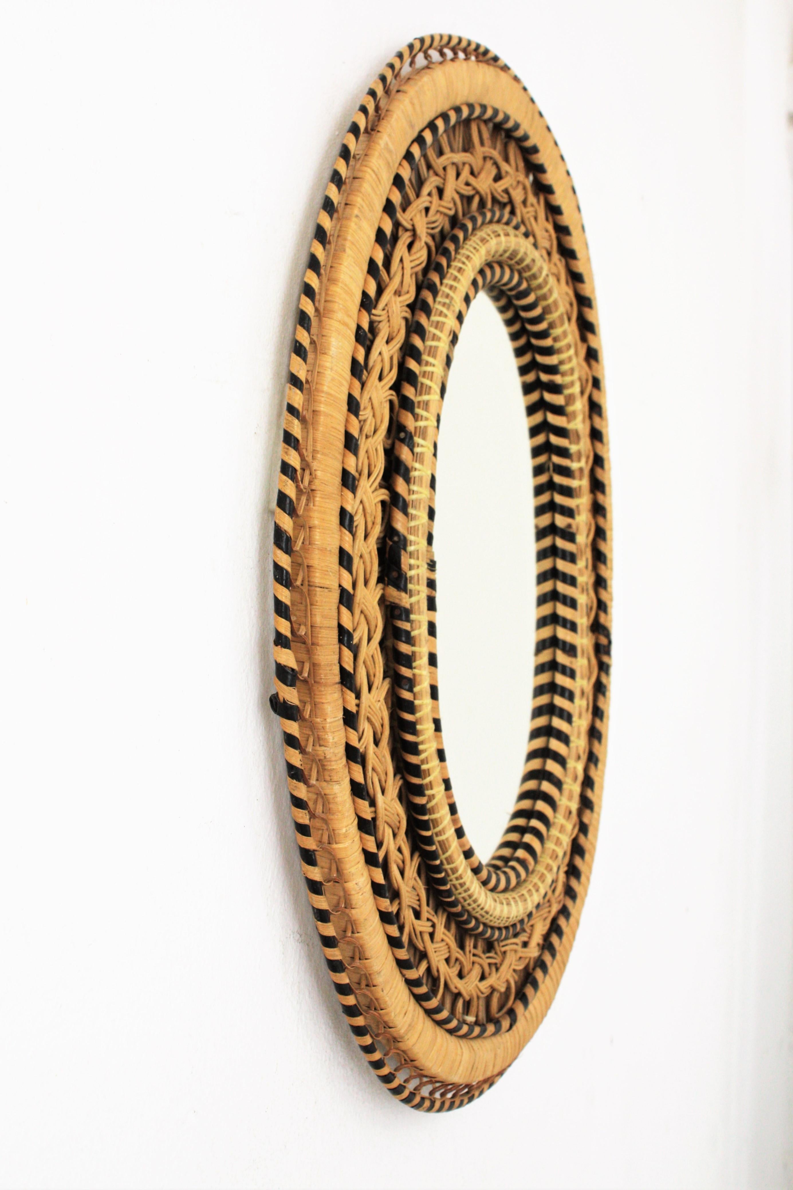 Spanish Rattan and Wicker Braided Emmanuelle Peacock Oval Mirror, 1970s