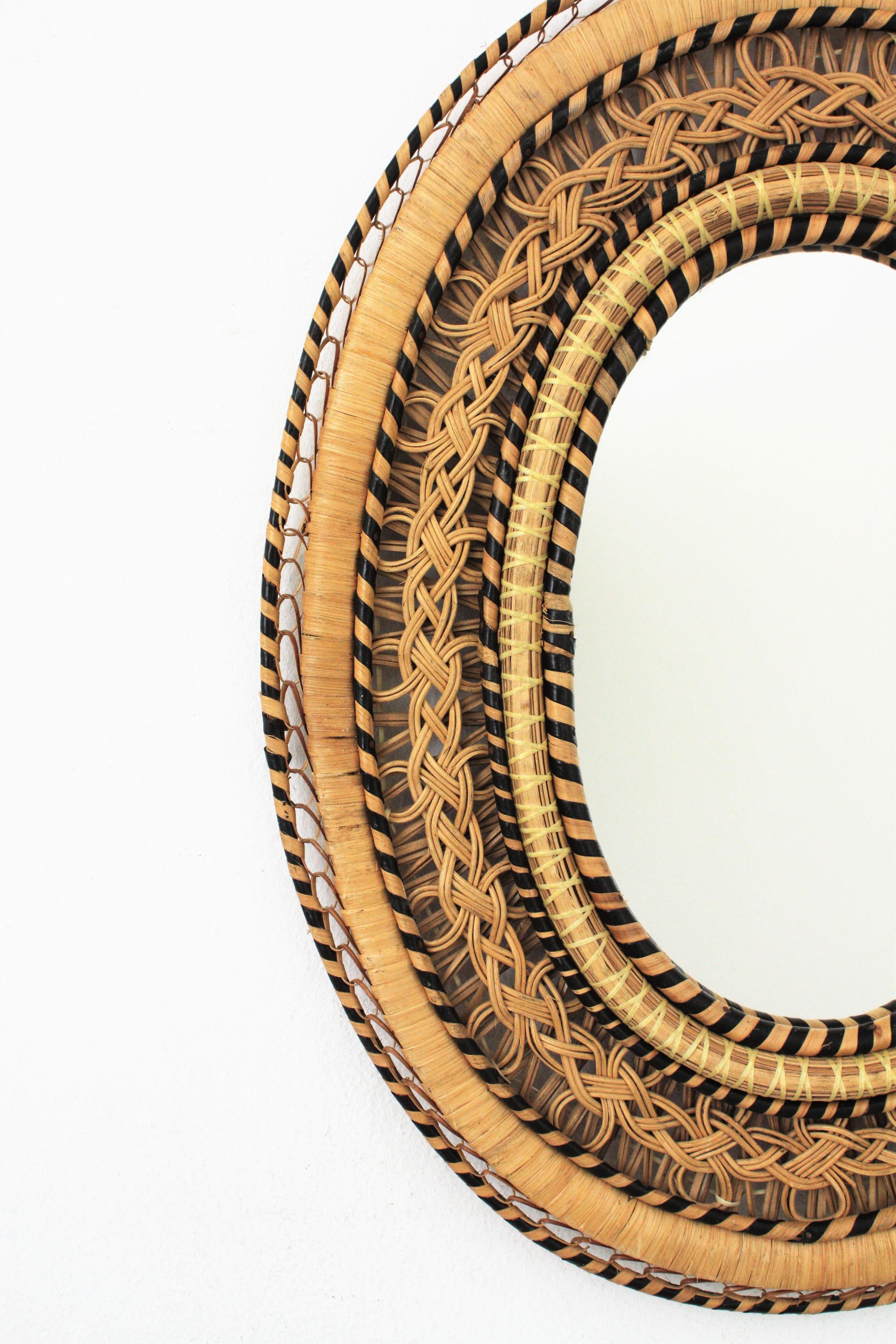 Hand-Crafted Rattan and Wicker Braided Emmanuelle Peacock Oval Mirror, 1970s