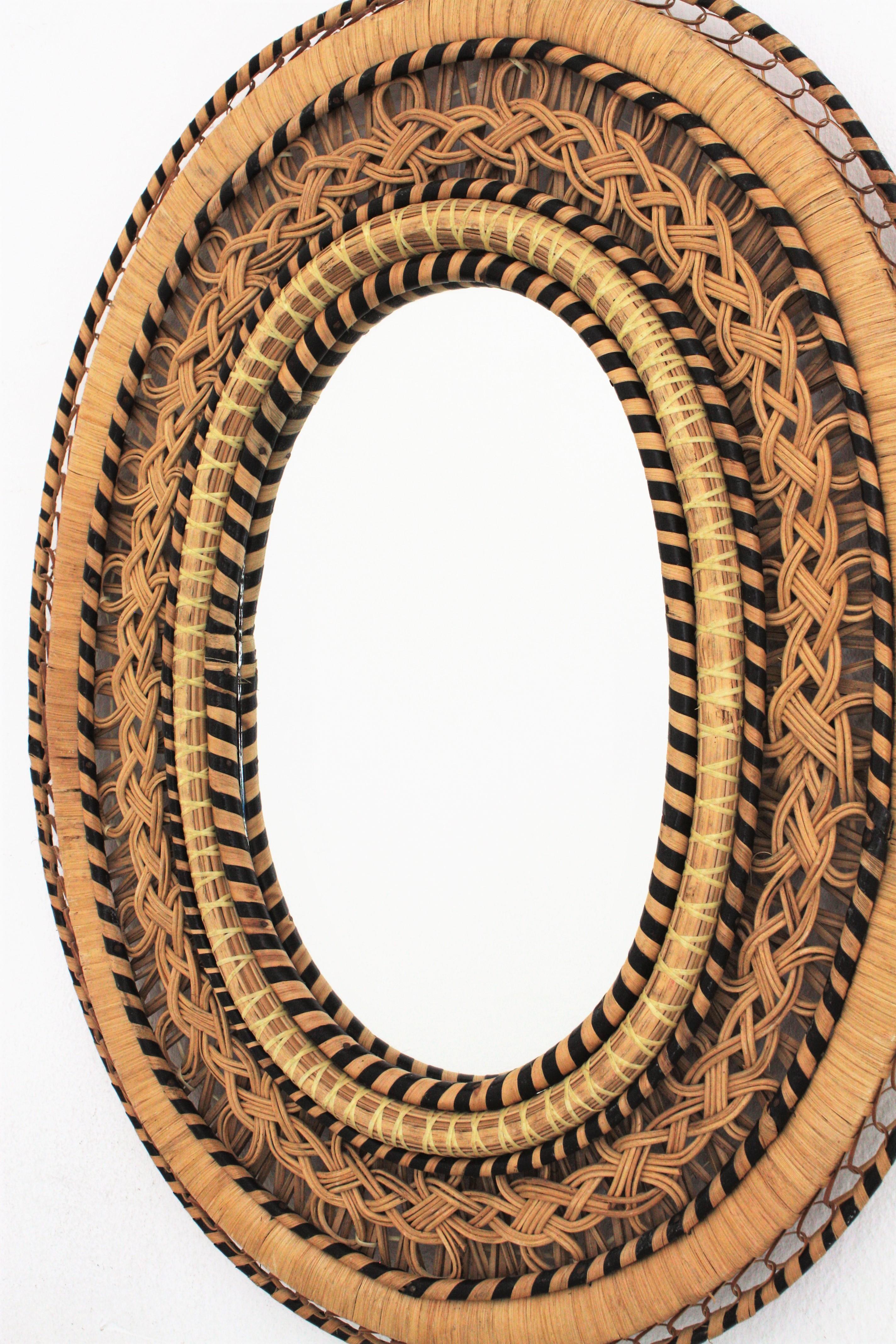 Rattan and Wicker Braided Emmanuelle Peacock Oval Mirror, 1970s 1