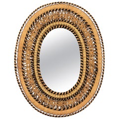 Rattan and Wicker Braided Emmanuelle Peacock Oval Mirror, 1970s