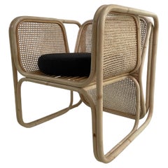 Rattan and Wicker Cane with Bouclé Fabric Seat Large Armchair