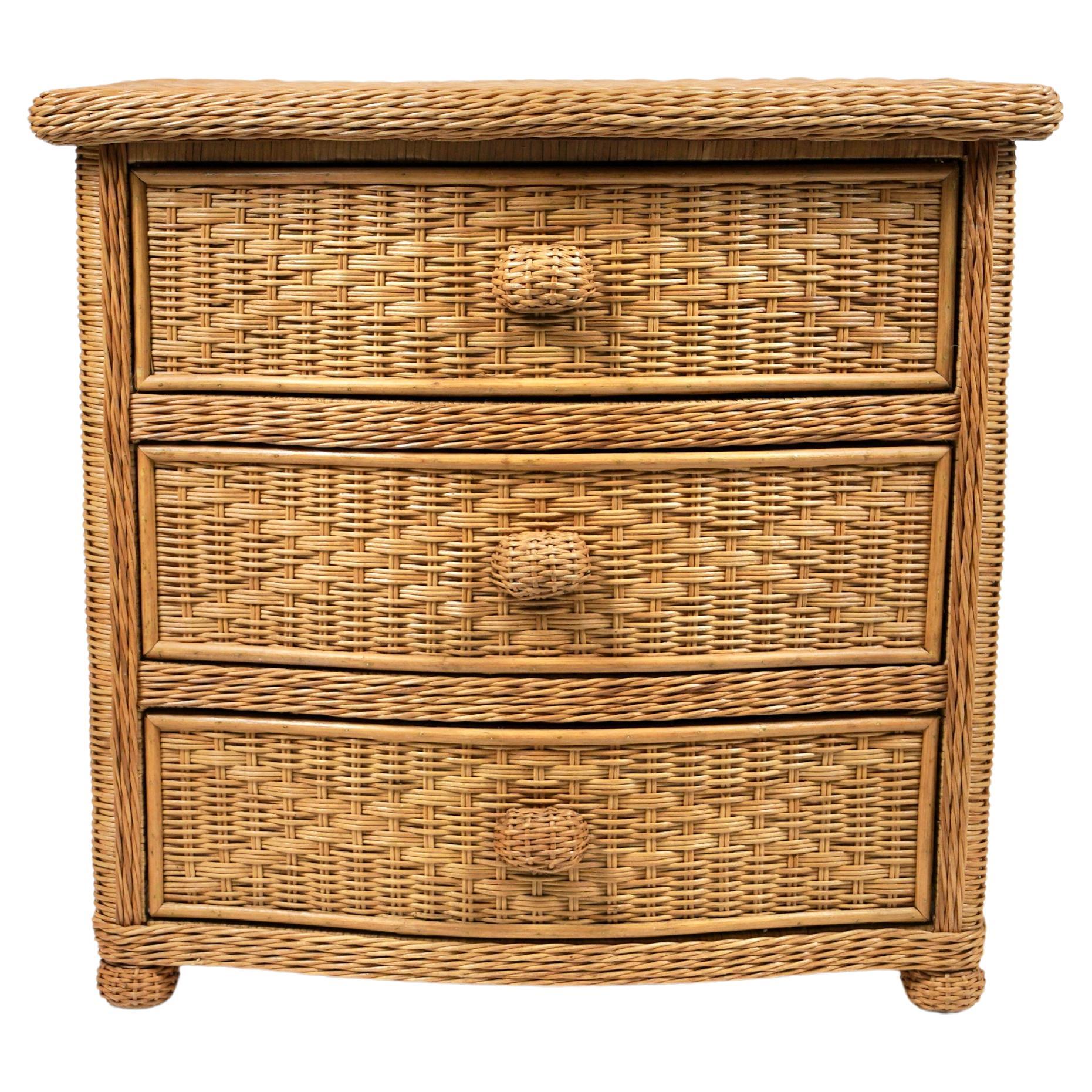 Midcentury gorgeous cabinet chest of three drawers in rattan and wicker Attributed to Vivai Del Sud. 

Made in Italy in the 1970s.

Vivai del sud, Gabriella Crespi and Arpex were the three leading design studios in 1970s Italy specialized in