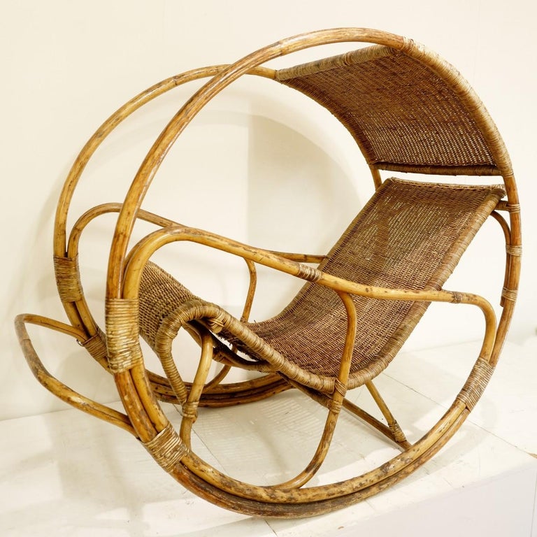 Rattan and Wicker Circle Rocking Chair, 1960s at 1stDibs
