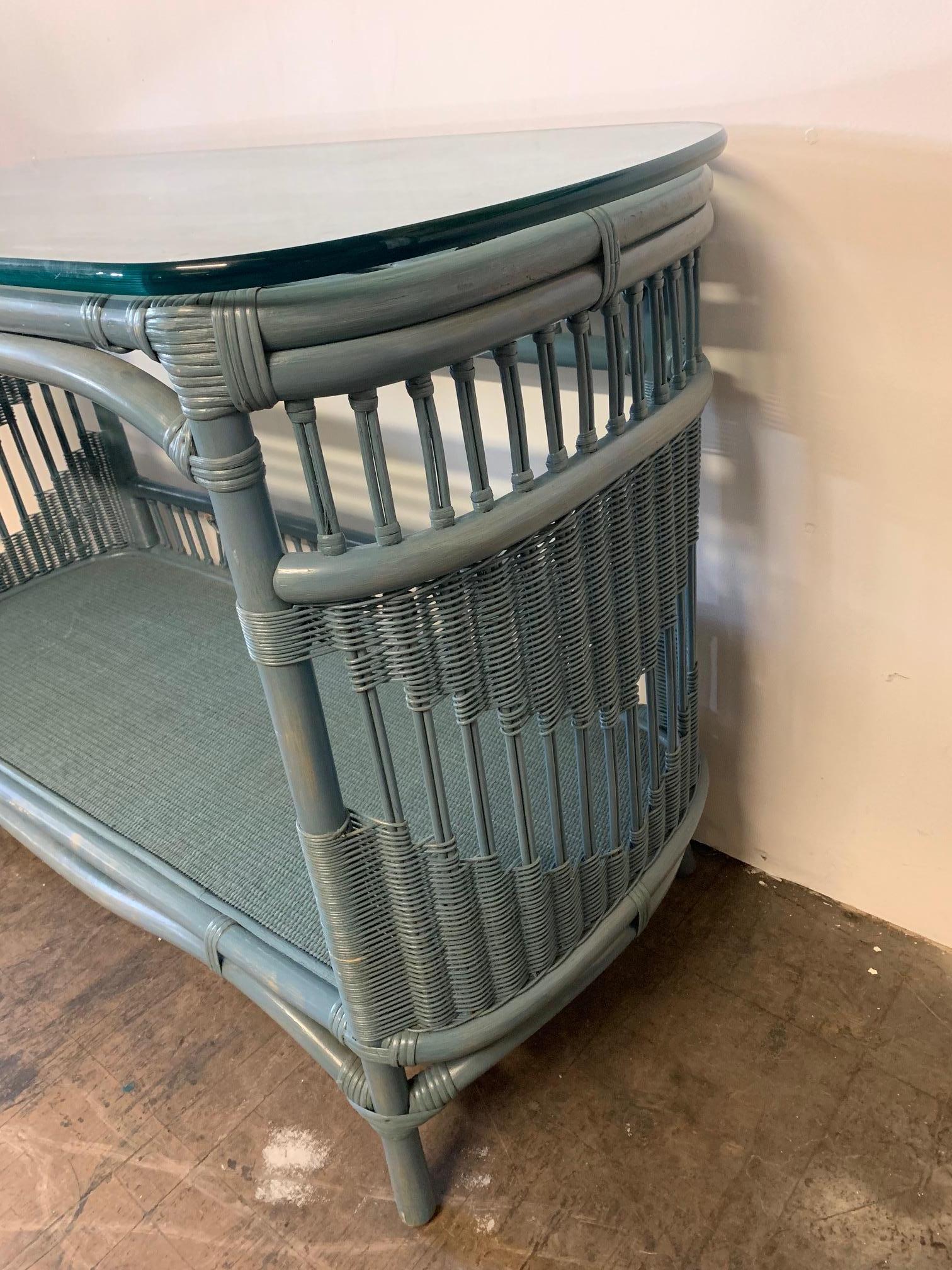 Rattan and Wicker Console Table and Mirror In Good Condition In Jacksonville, FL