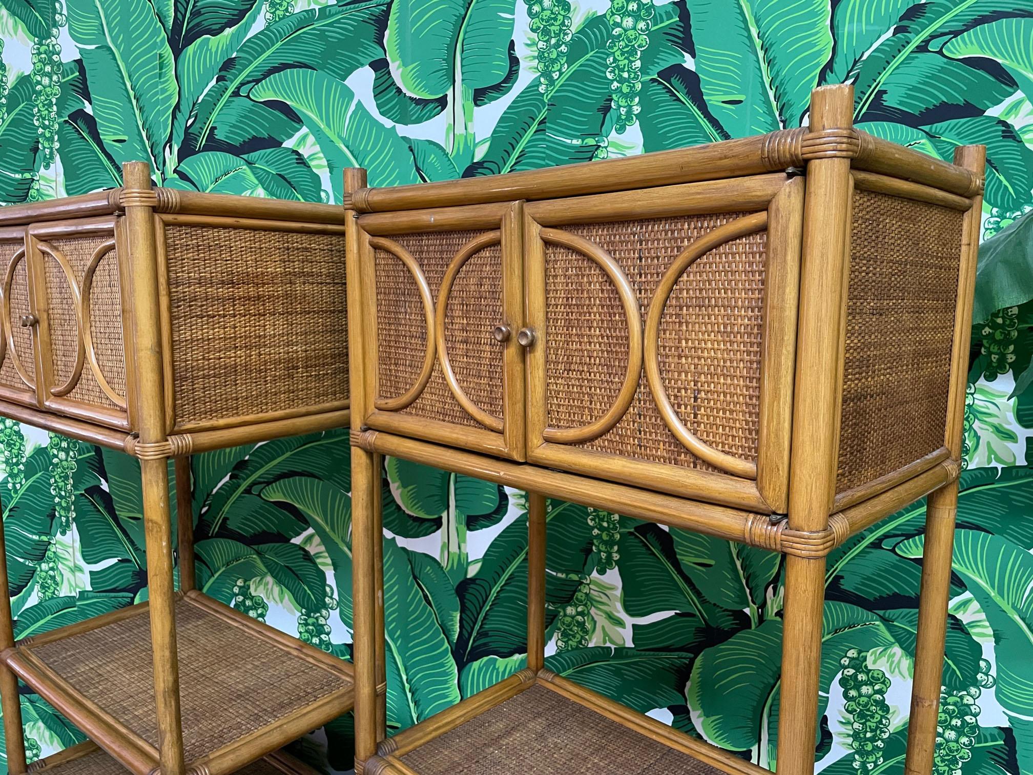 Rattan and Wicker Double Cabinet Etageres, a Pair In Good Condition In Jacksonville, FL