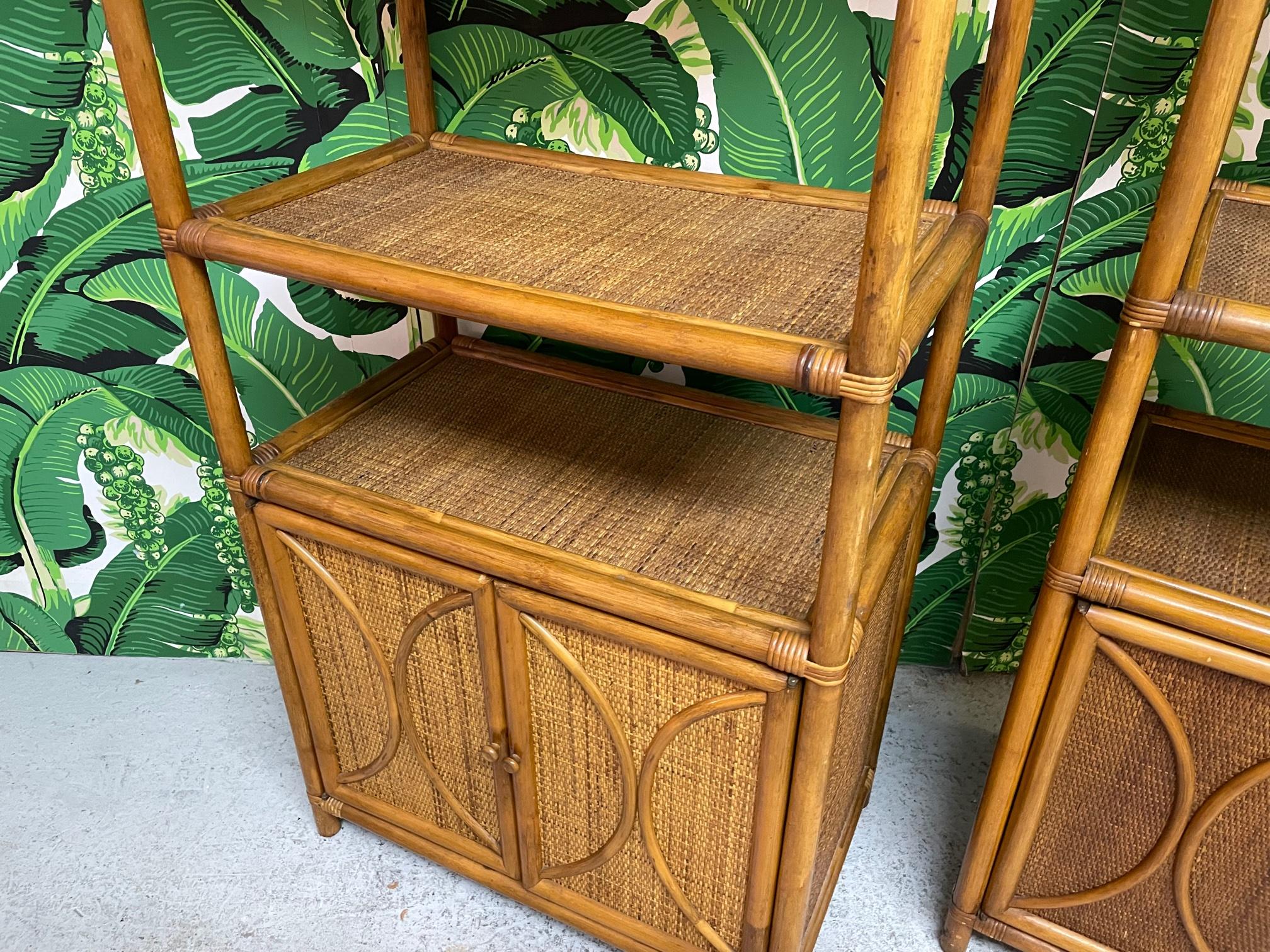 Late 20th Century Rattan and Wicker Double Cabinet Etageres, a Pair