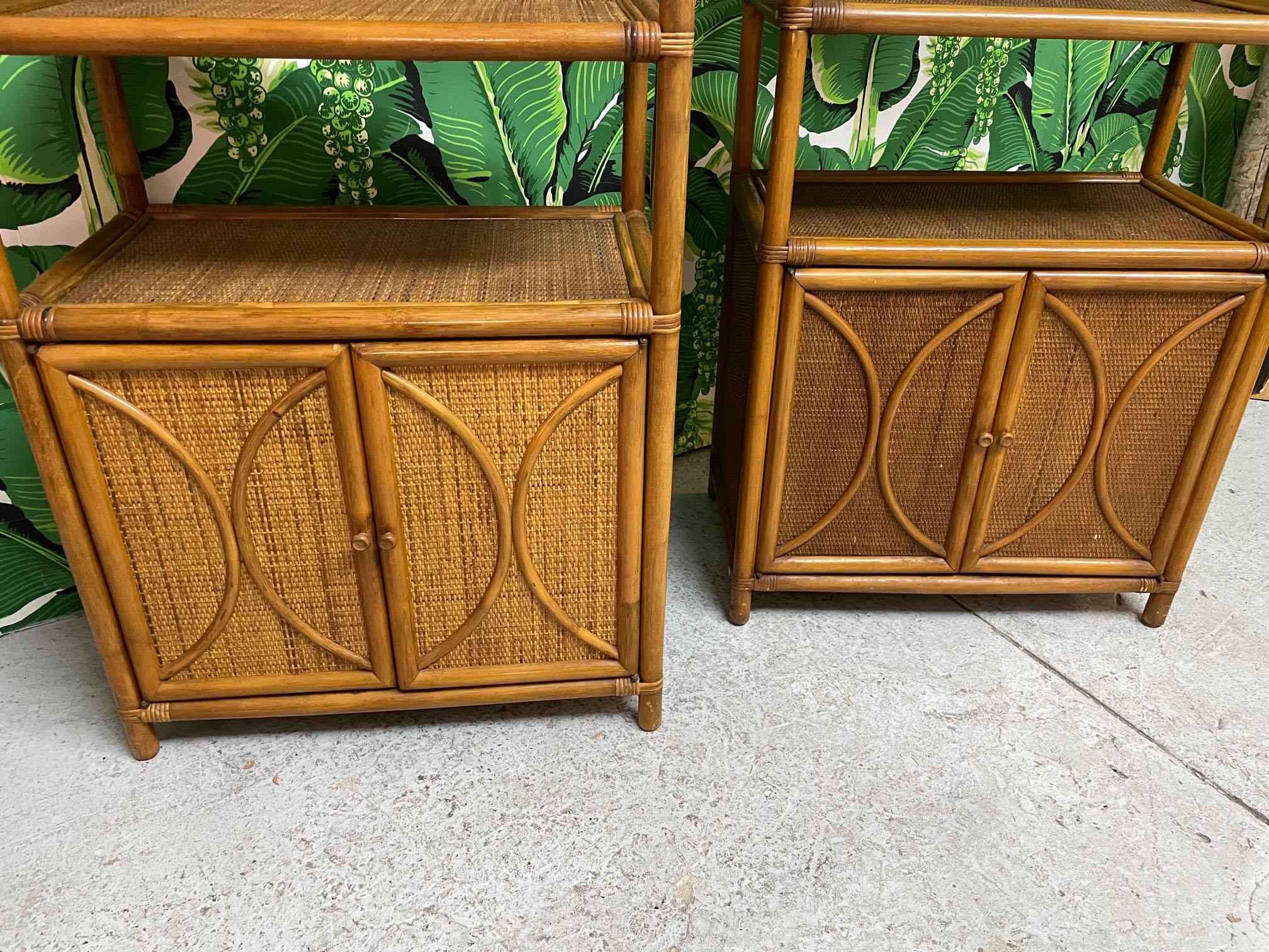 Late 20th Century Rattan and Wicker Double Cabinet Etageres, a Pair