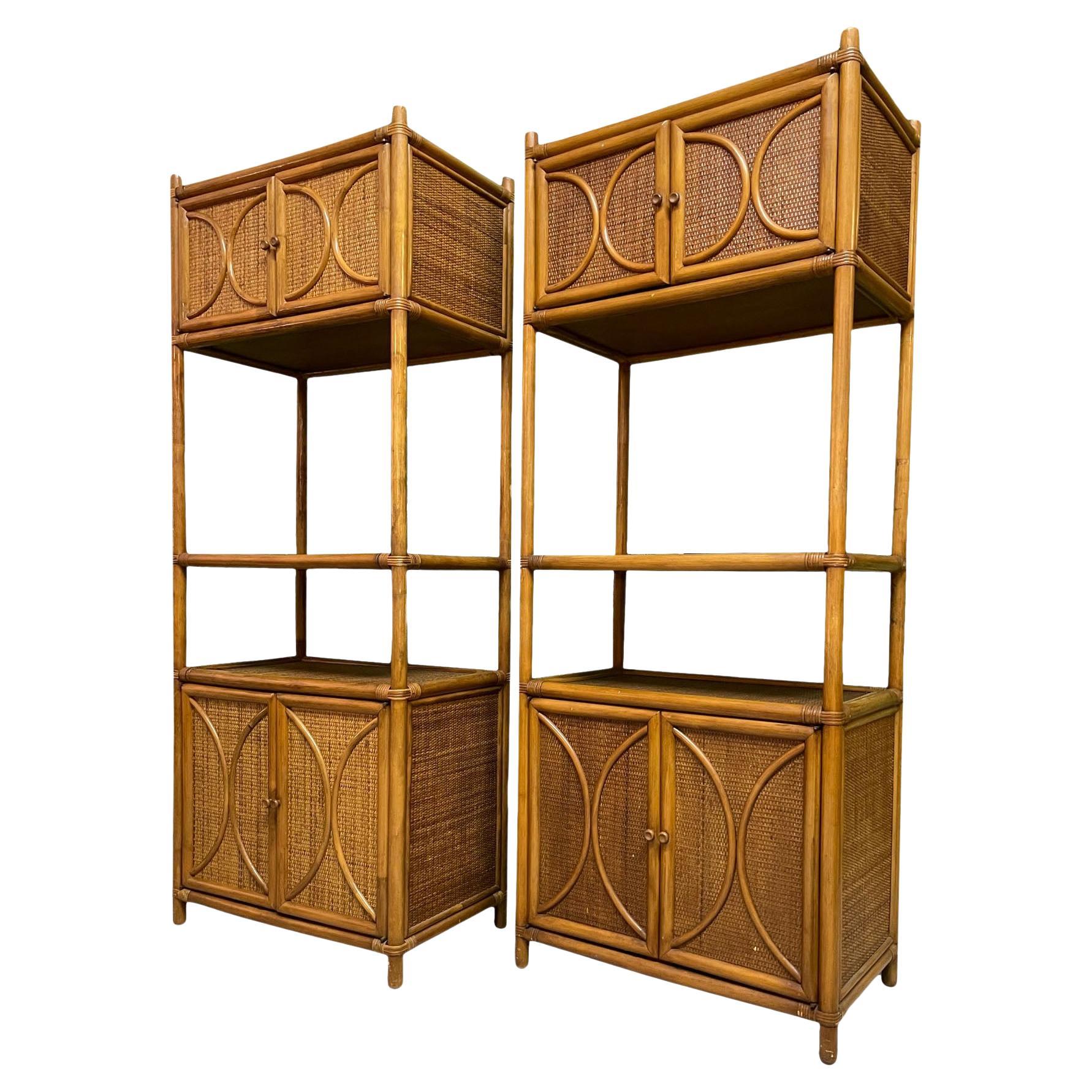 Rattan and Wicker Double Cabinet Etageres, a Pair