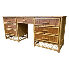 Retro Rattan and Wicker Dresser / Desk / Vanity