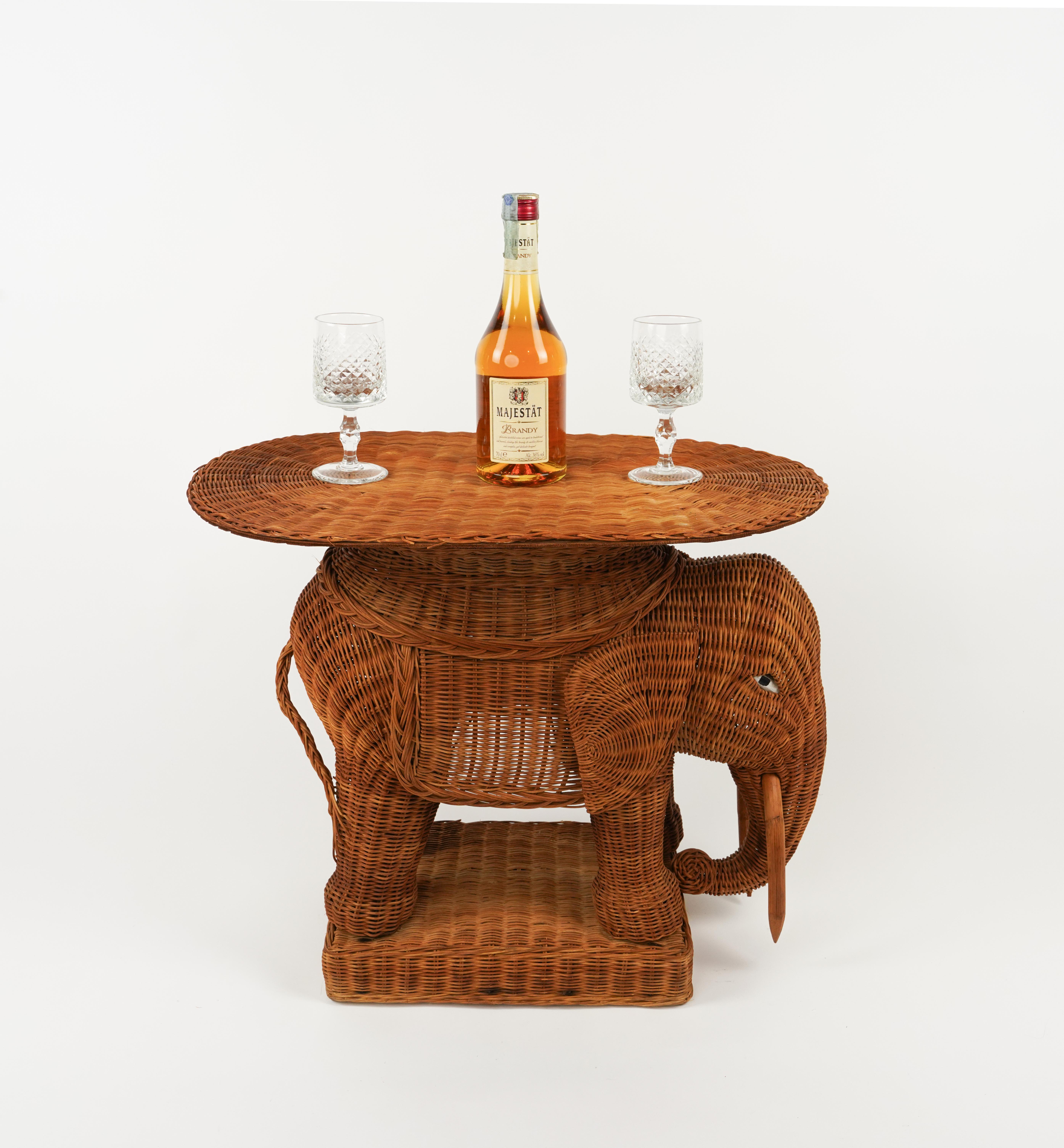 Mid-20th Century Rattan and Wicker Elephant Side Coffee Table Vivai Del Sud Style, Italy, 1960s For Sale