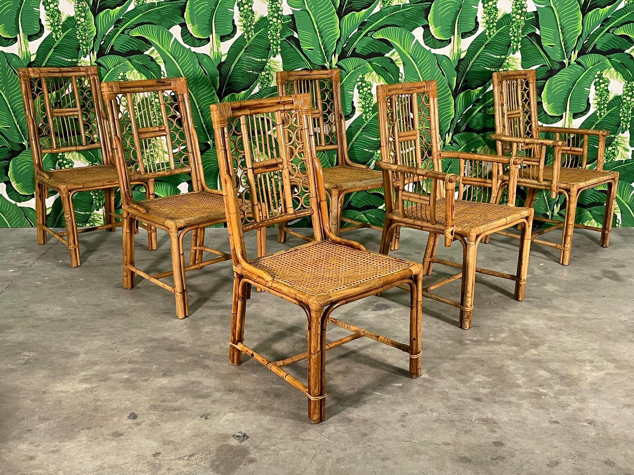 Rattan and Wicker Fretwork Dining Chairs Attributed to Brighton, Set of 6 5