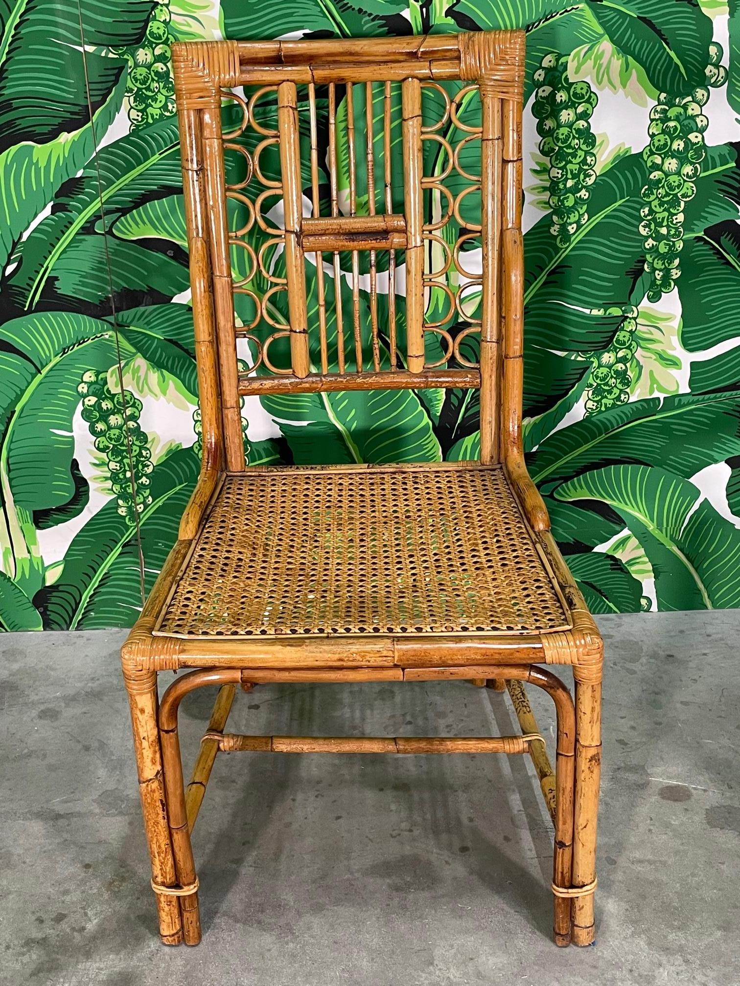 Organic Modern Rattan and Wicker Fretwork Dining Chairs Attributed to Brighton, Set of 6