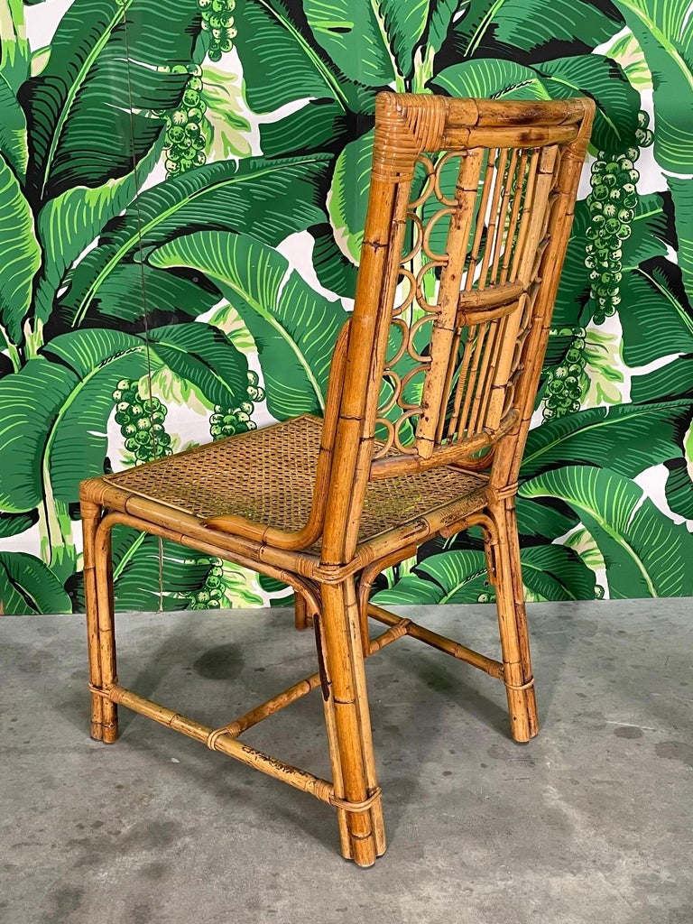 Rattan and Wicker Fretwork Dining Chairs Attributed to Brighton, Set of