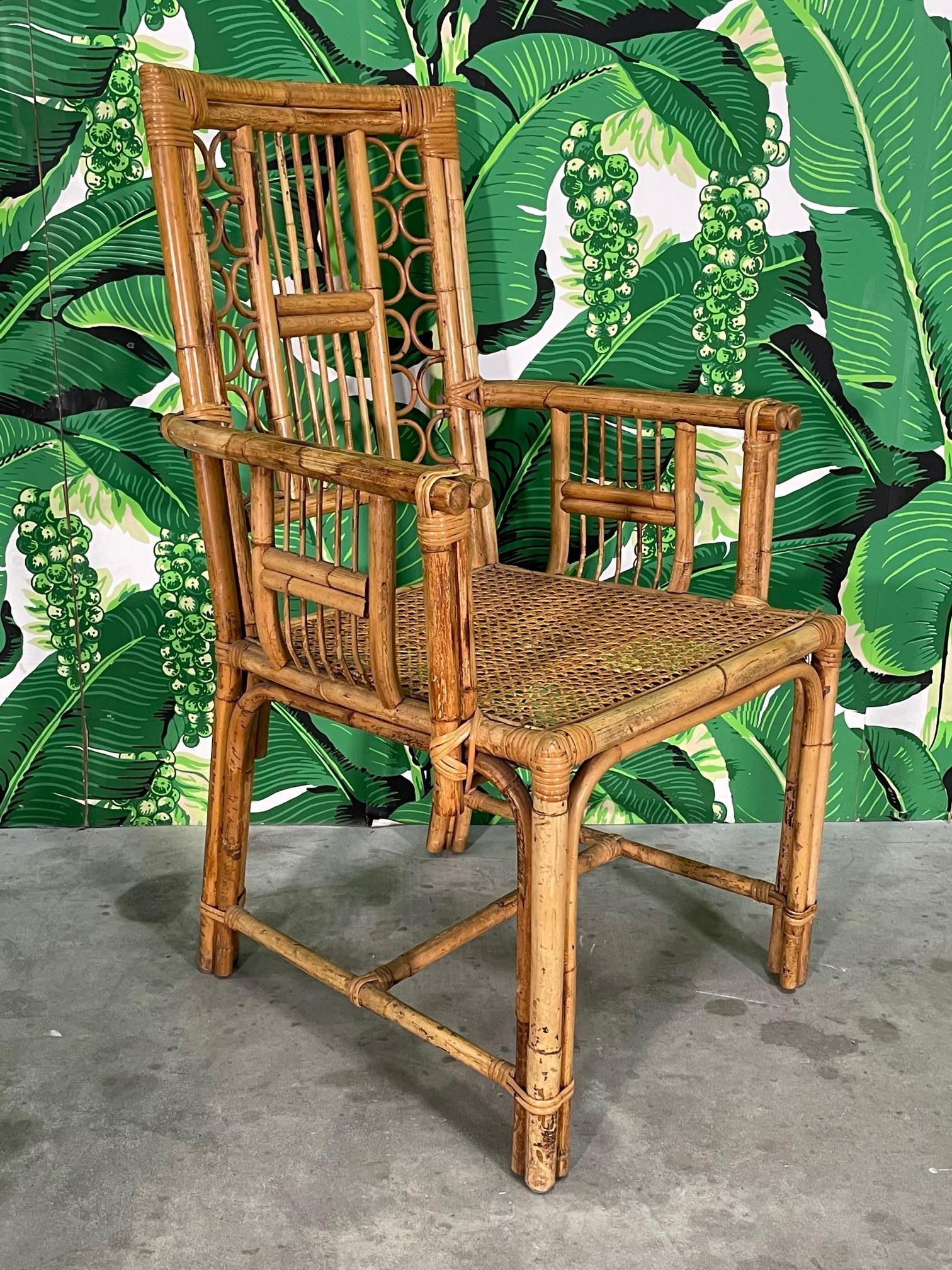 20th Century Rattan and Wicker Fretwork Dining Chairs Attributed to Brighton, Set of 6