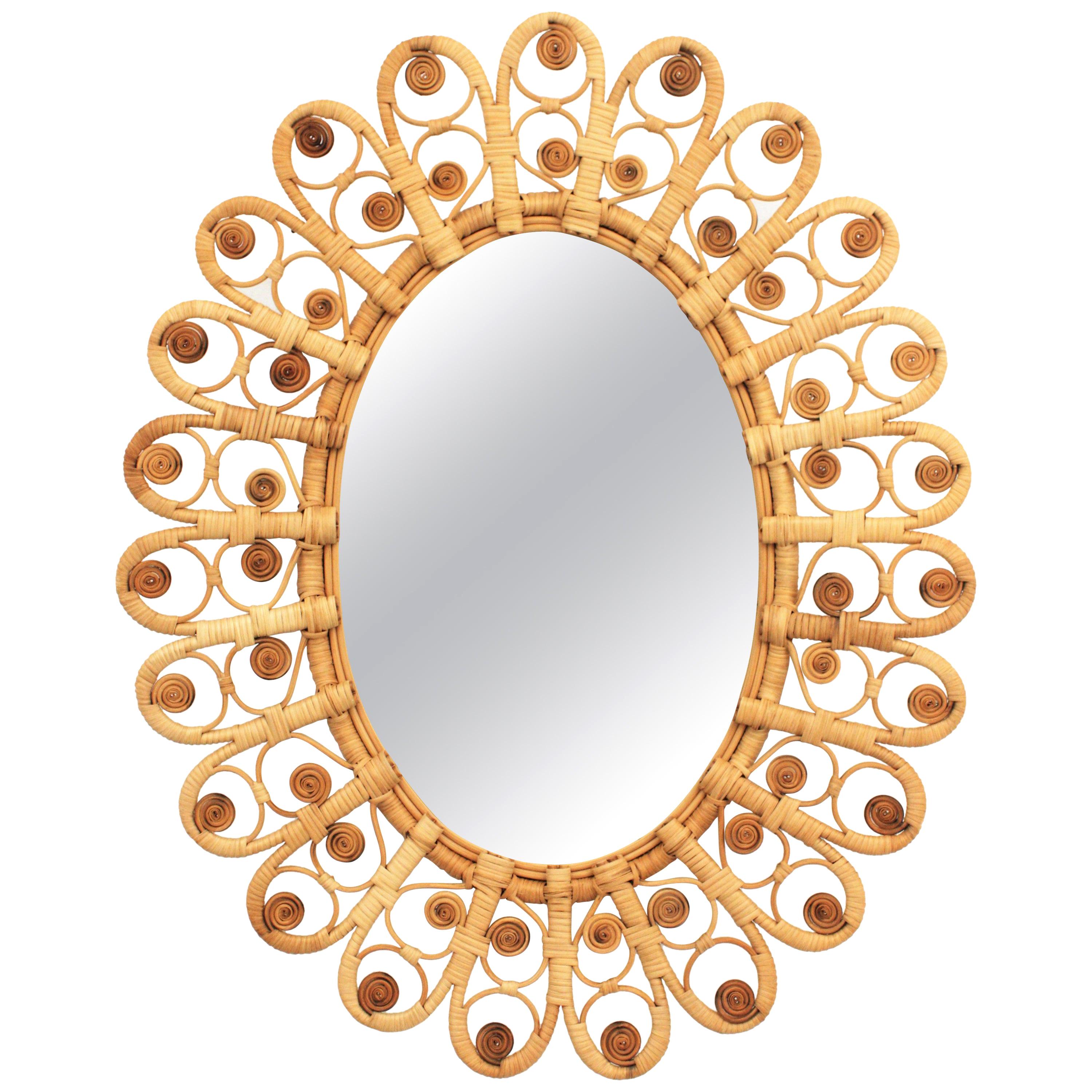 Rattan and Wicker Large Oval Mirror with Filigree Peacock Frame, Spain