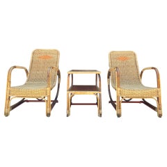 Rattan and Wicker Lounge Chairs and Table Set of Three Pieces, Italy, 1950's