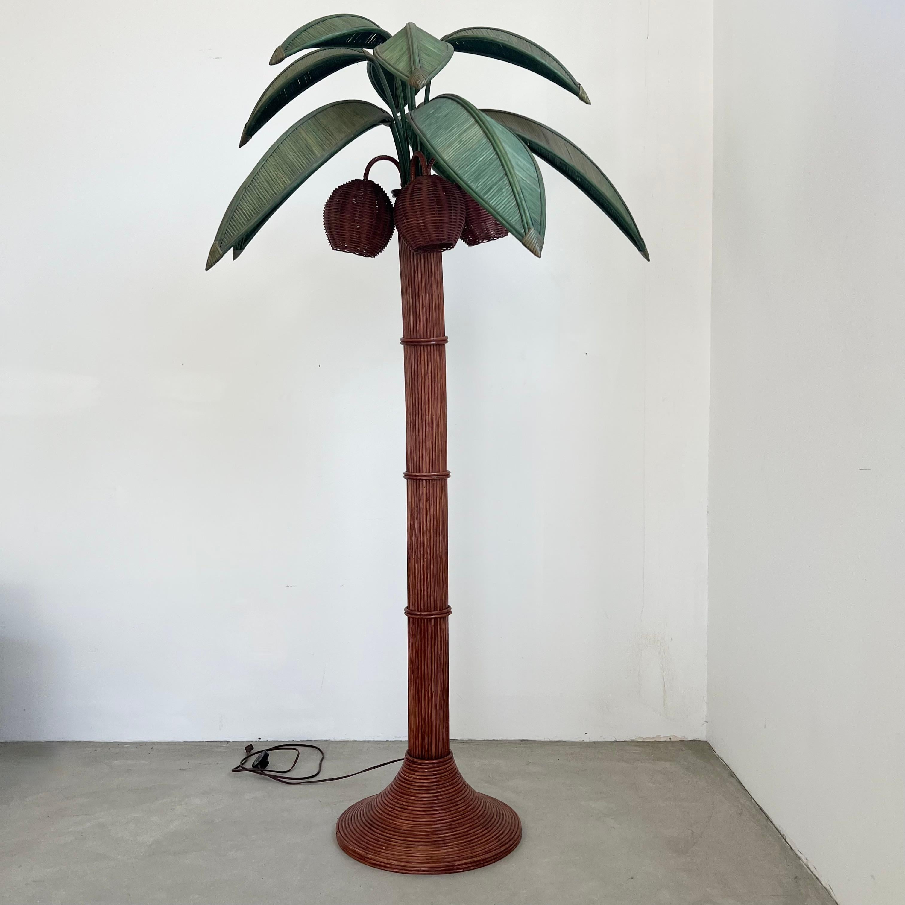 American Rattan and Wicker Palm Tree Floor Lamp, 1970s, United States For Sale