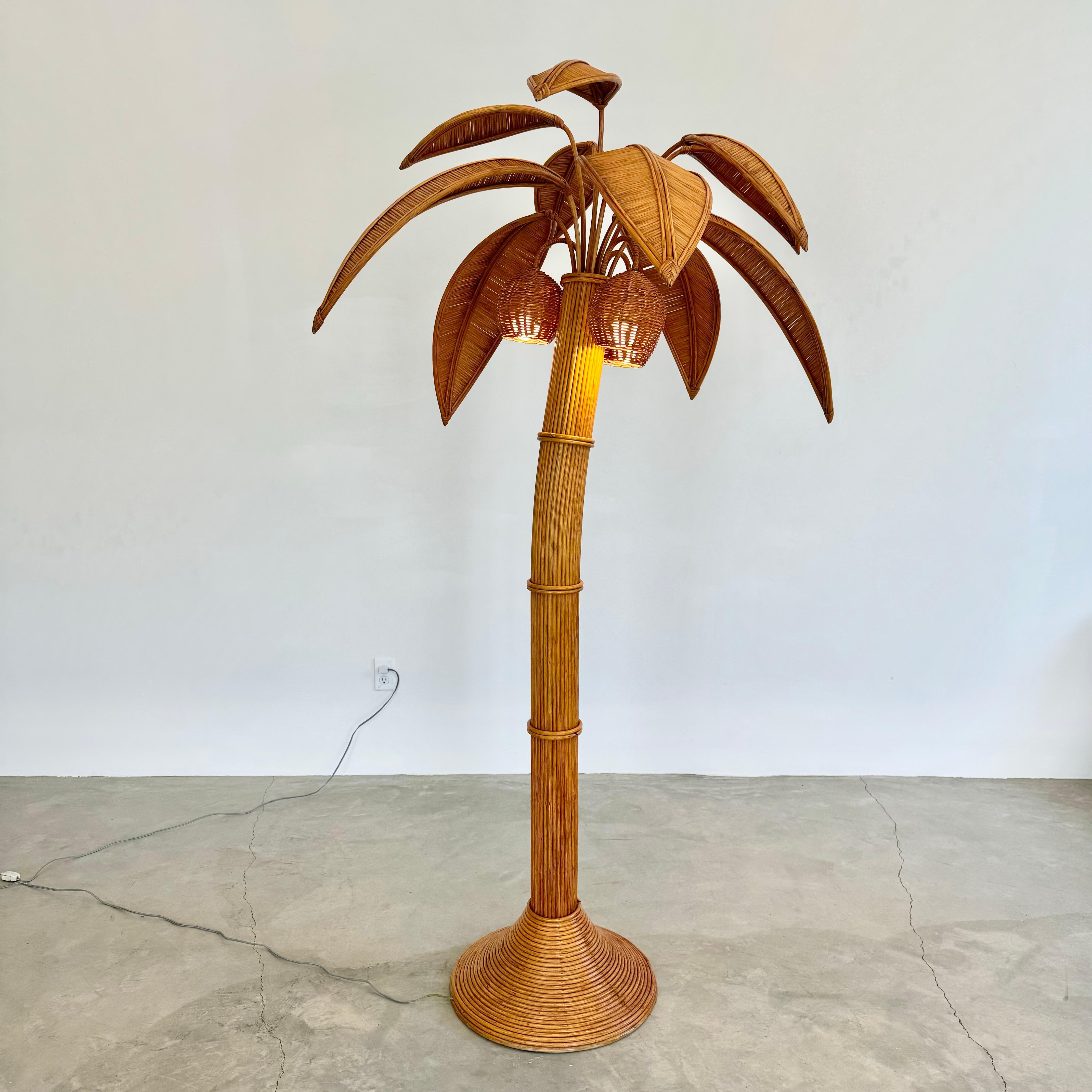 Late 20th Century Rattan and Wicker Palm Tree Floor Lamp, 1970s United States For Sale