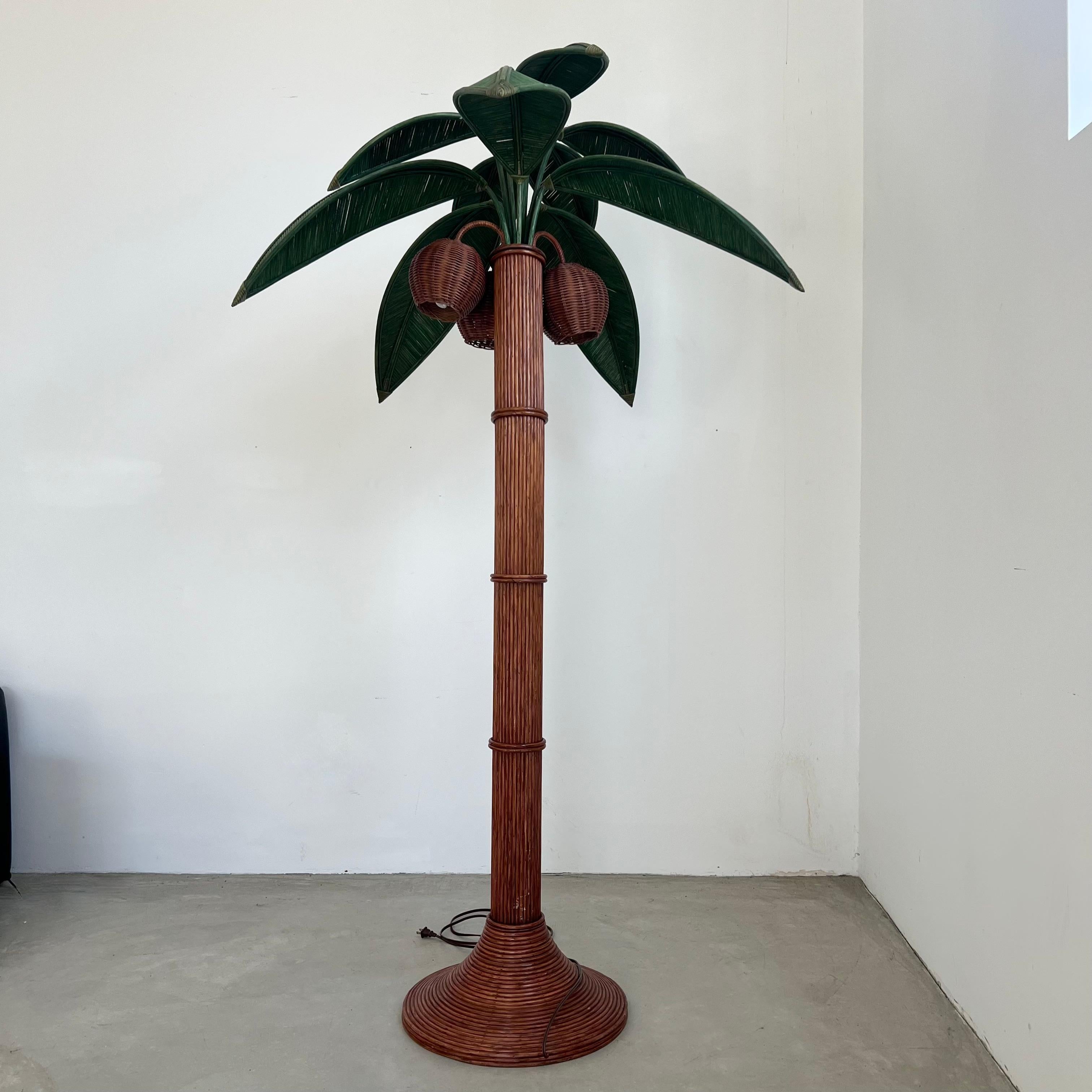 Late 20th Century Rattan and Wicker Palm Tree Floor Lamp, 1970s, United States For Sale