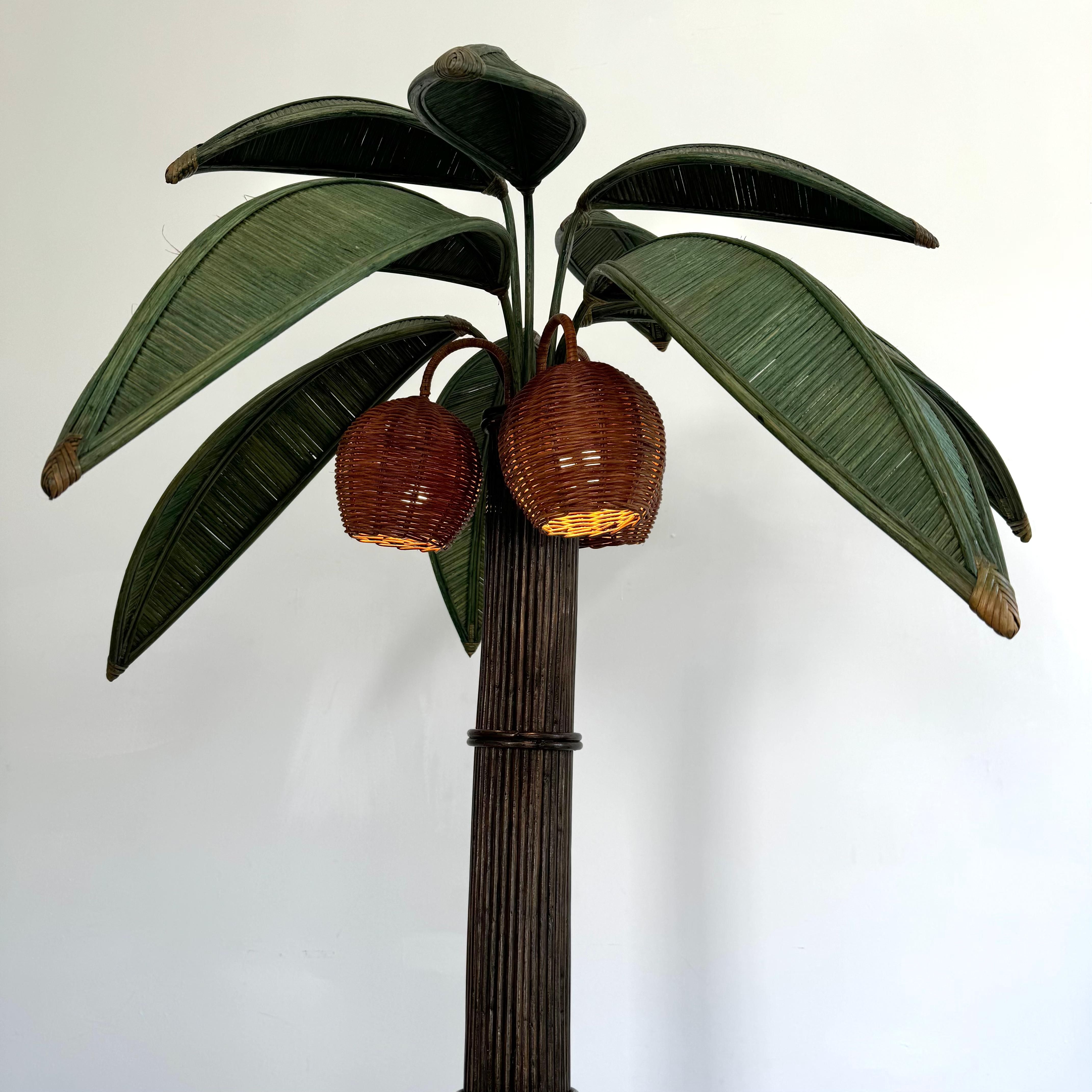 Bamboo Rattan and Wicker Palm Tree Floor Lamp, 1970s United States
