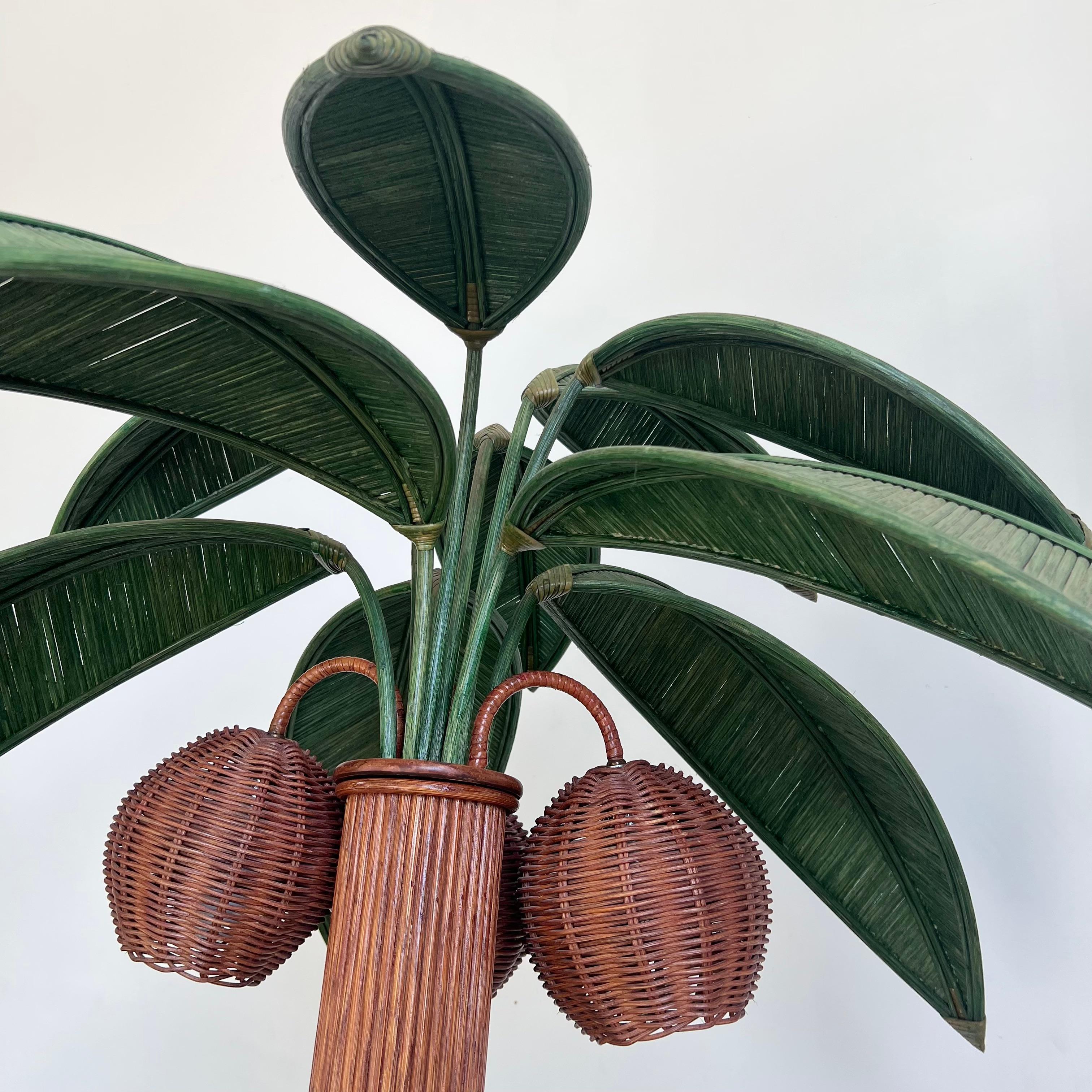 Bamboo Rattan and Wicker Palm Tree Floor Lamp, 1970s, United States For Sale