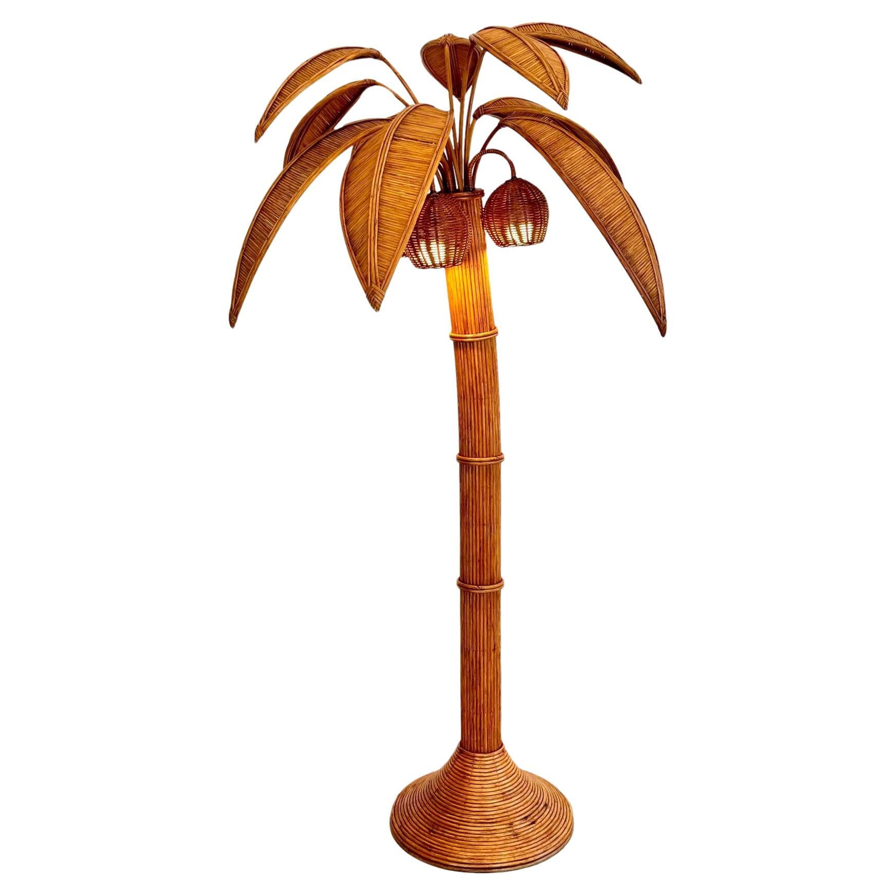 Rattan and Wicker Palm Tree Floor Lamp, 1970s United States For Sale