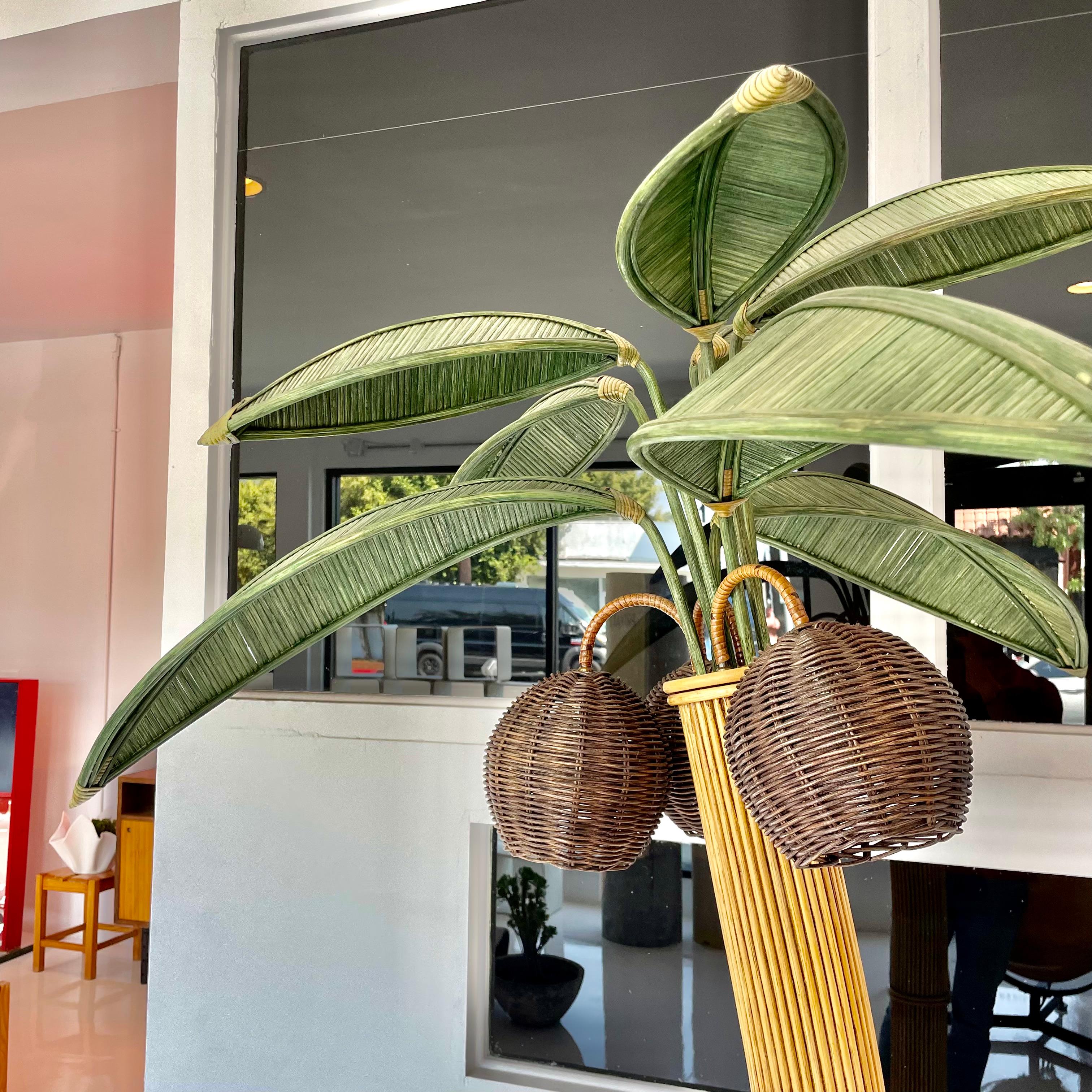 Late 20th Century Rattan and Wicker Palm Tree Floor Lamp