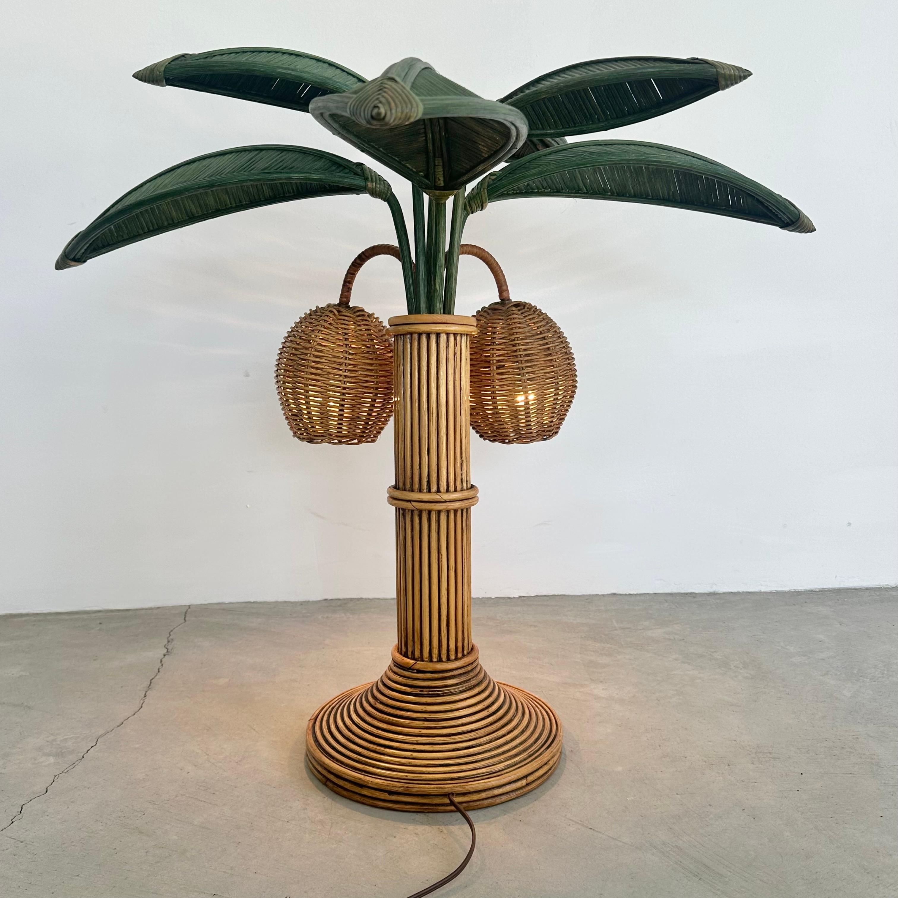 Late 20th Century Rattan and Wicker Palm Tree Table Lamp, 1970s United States For Sale