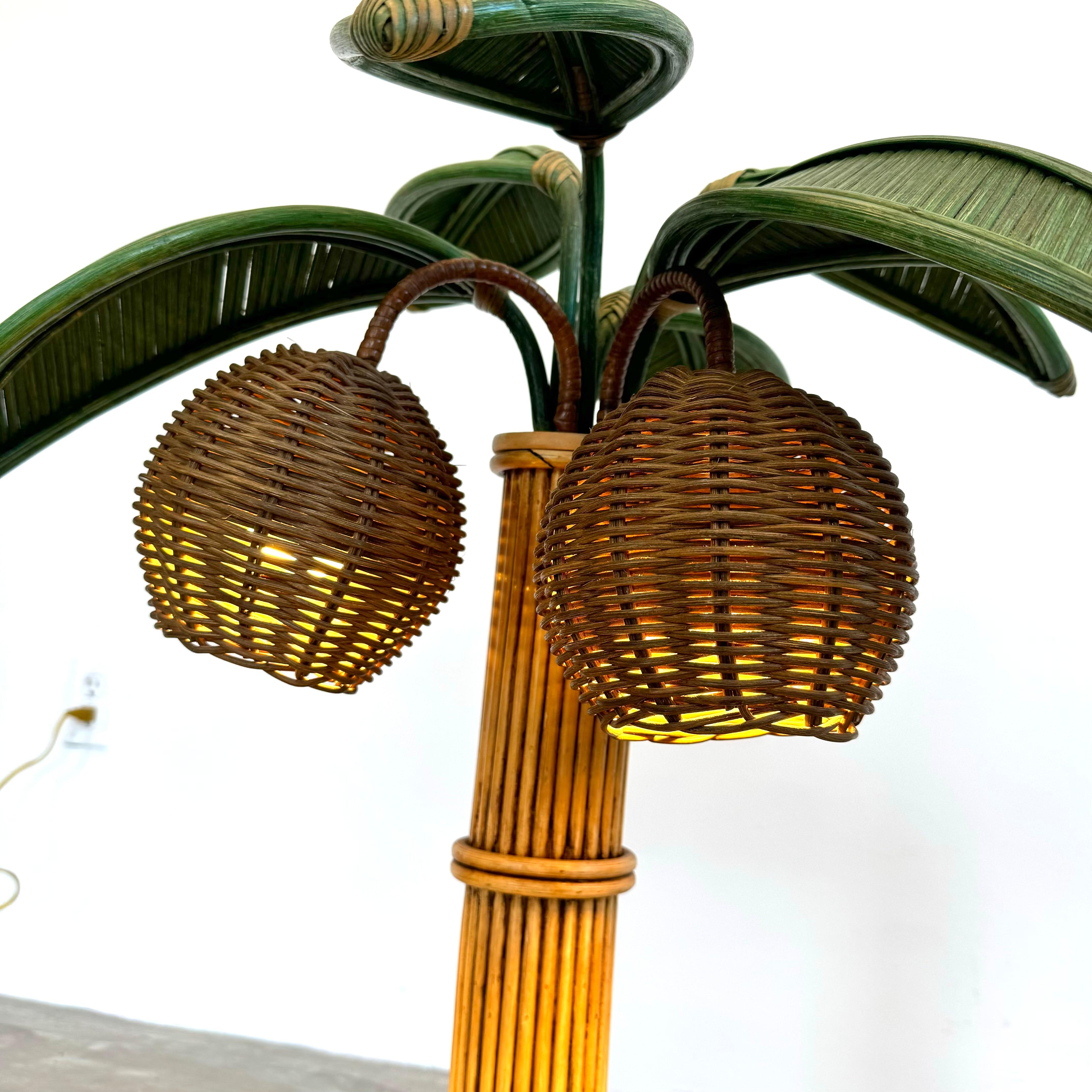 Bamboo Rattan and Wicker Palm Tree Table Lamp, 1970s United States