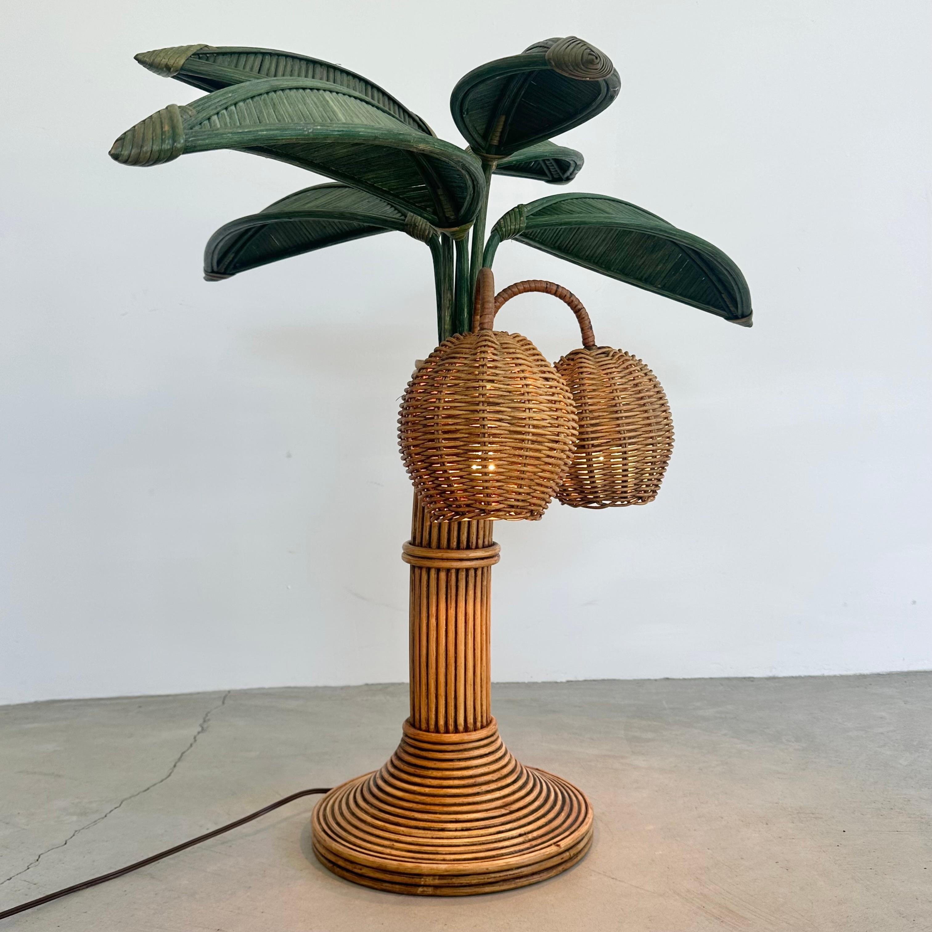 Bamboo Rattan and Wicker Palm Tree Table Lamp, 1970s United States For Sale