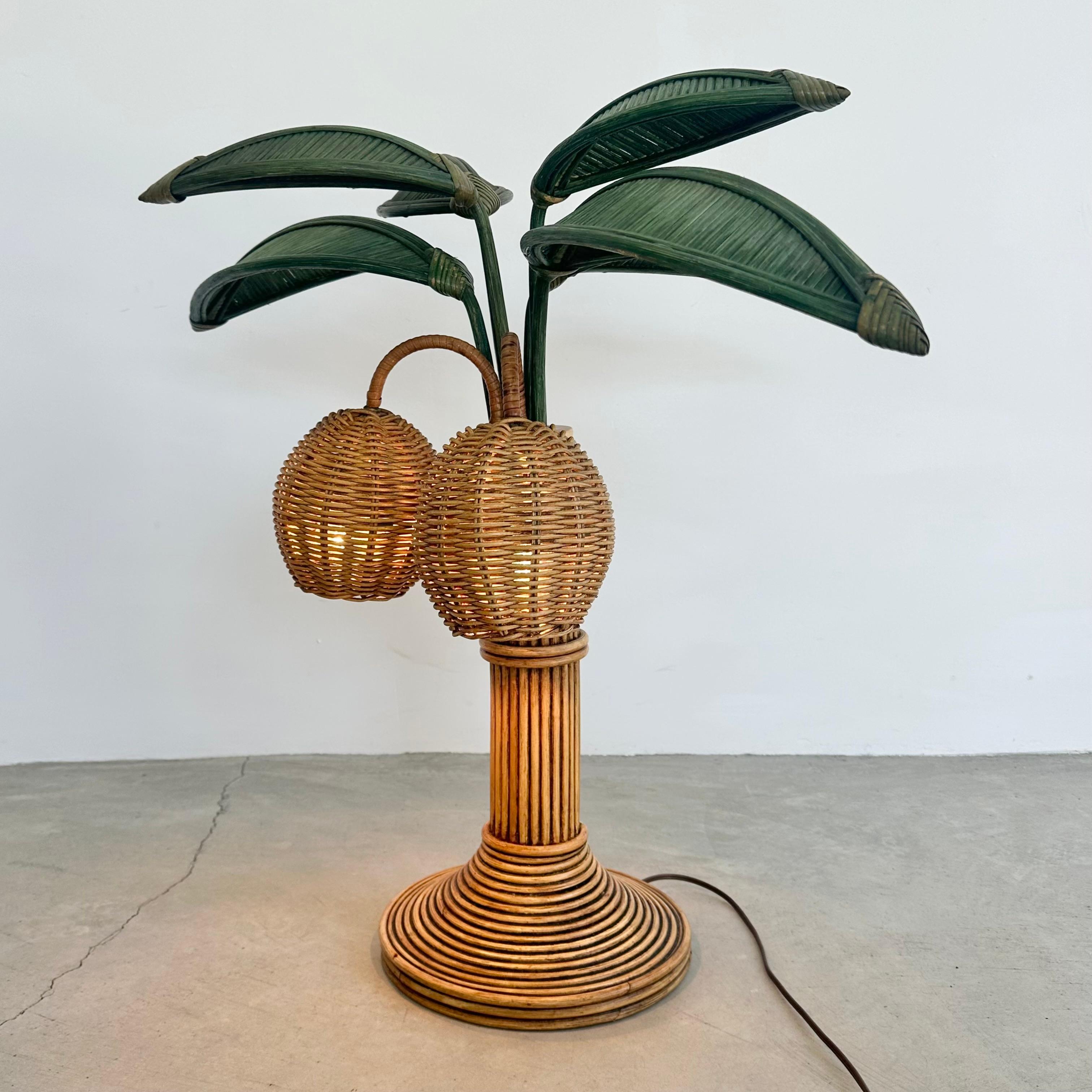 Rattan and Wicker Palm Tree Table Lamp, 1970s United States For Sale 1