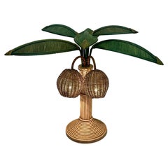Rattan and Wicker Palm Tree Table Lamp, 1970s United States