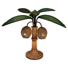 Rattan and Wicker Palm Tree Table Lamp, 1970s United States