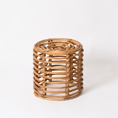 Sgabello Pouf rotondo in rattan e vimini di Tito Agnoli, Italia, anni '60