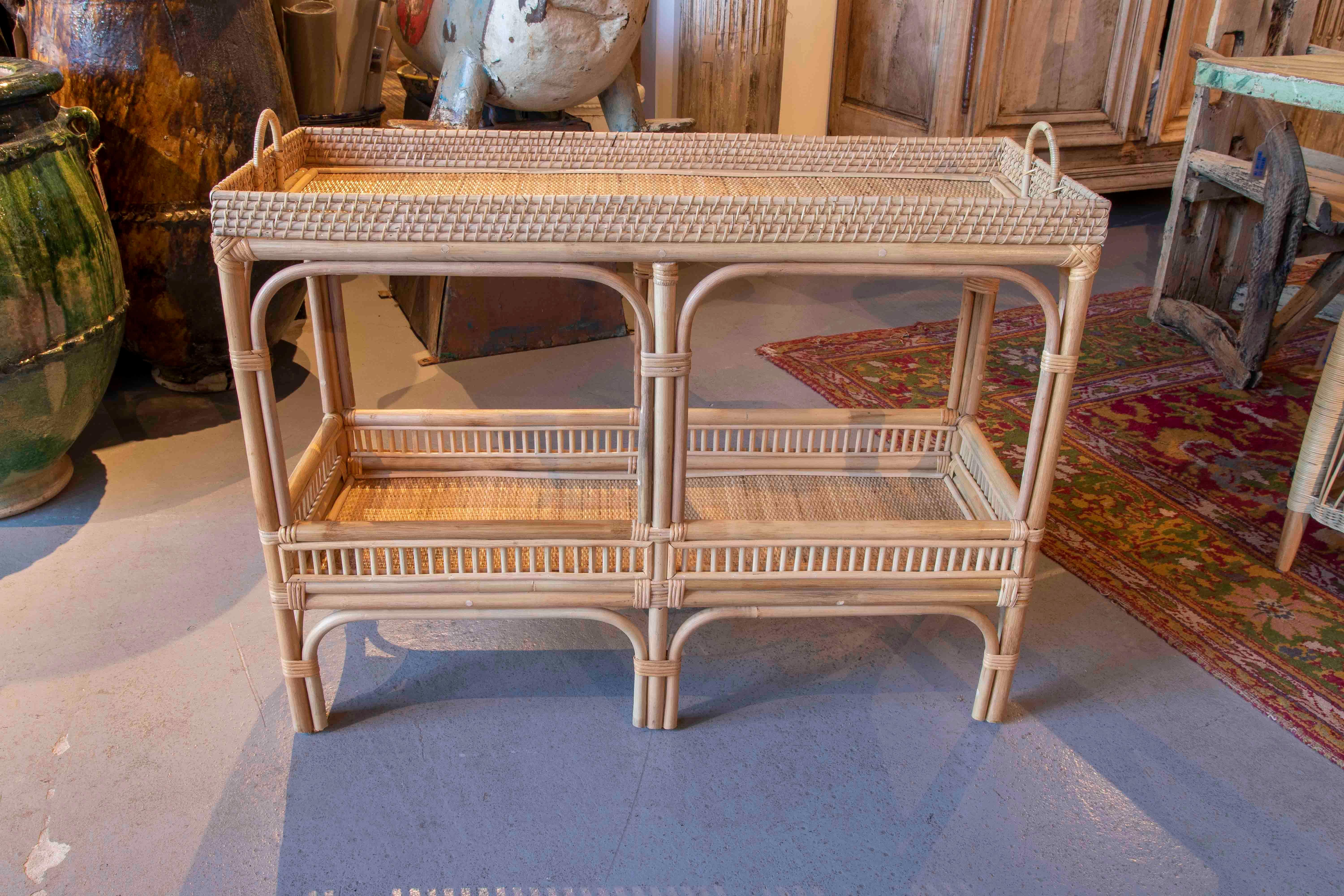 Rattan and Wicker Shelving Unit with Two Bar Shelves For Sale 7