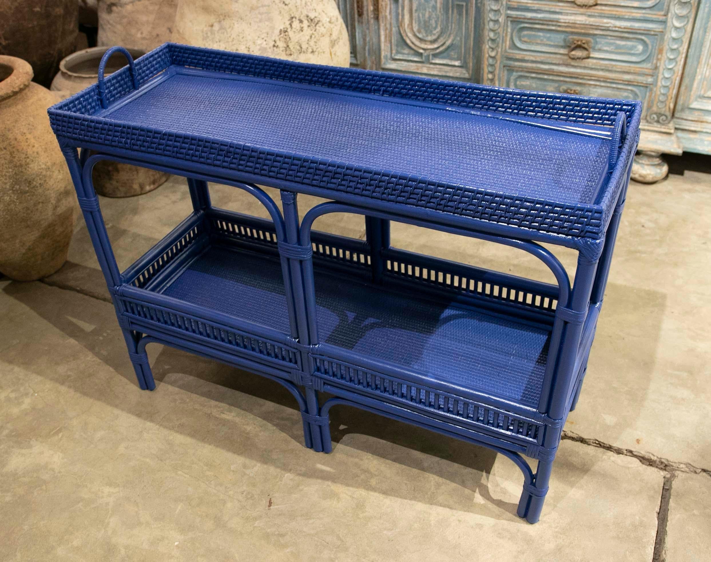 Rattan and Wicker Shelving Unit with Two Bar Shelves Painted in Blue 6