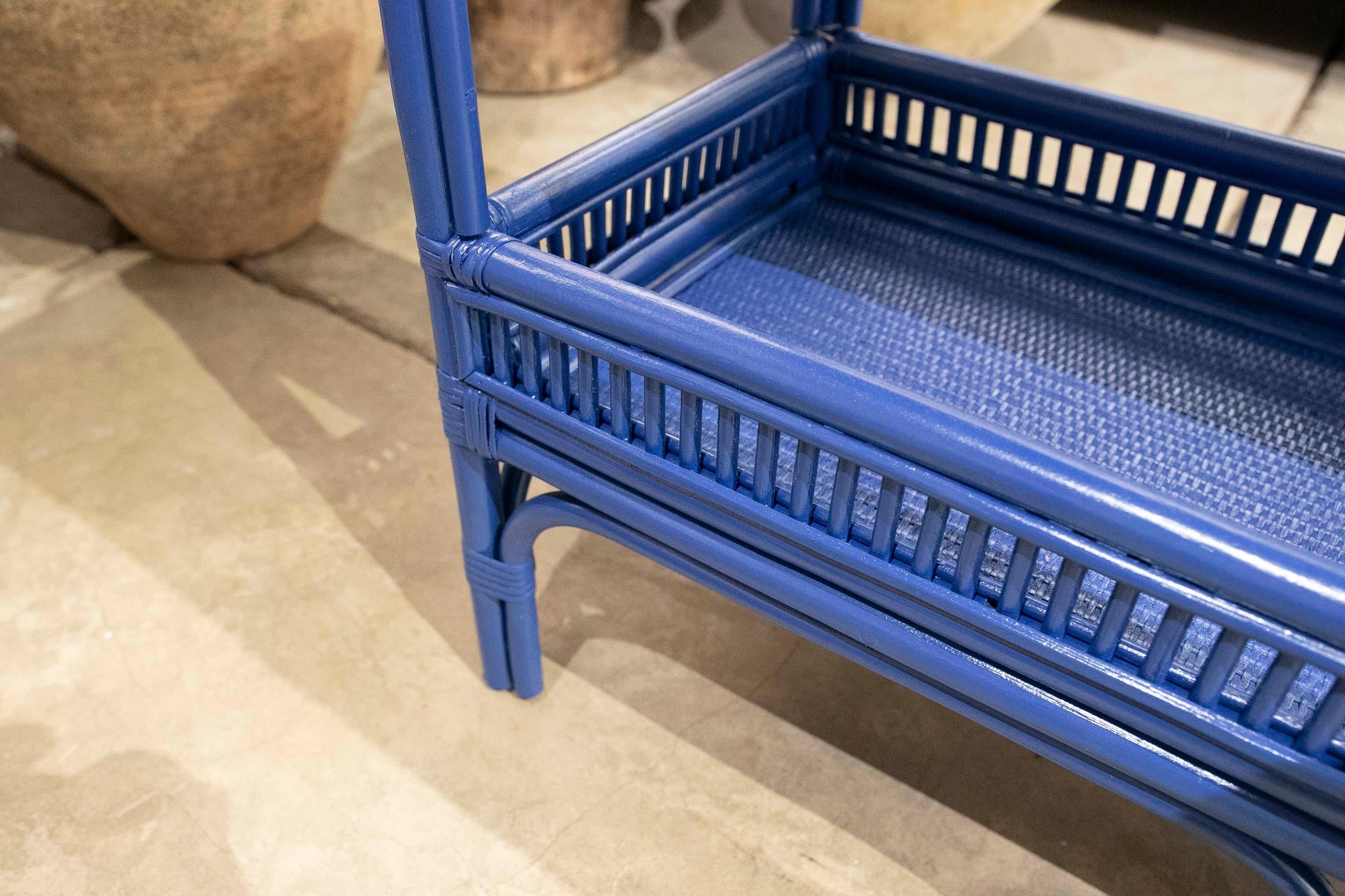 Rattan and Wicker Shelving Unit with Two Bar Shelves Painted in Blue 8