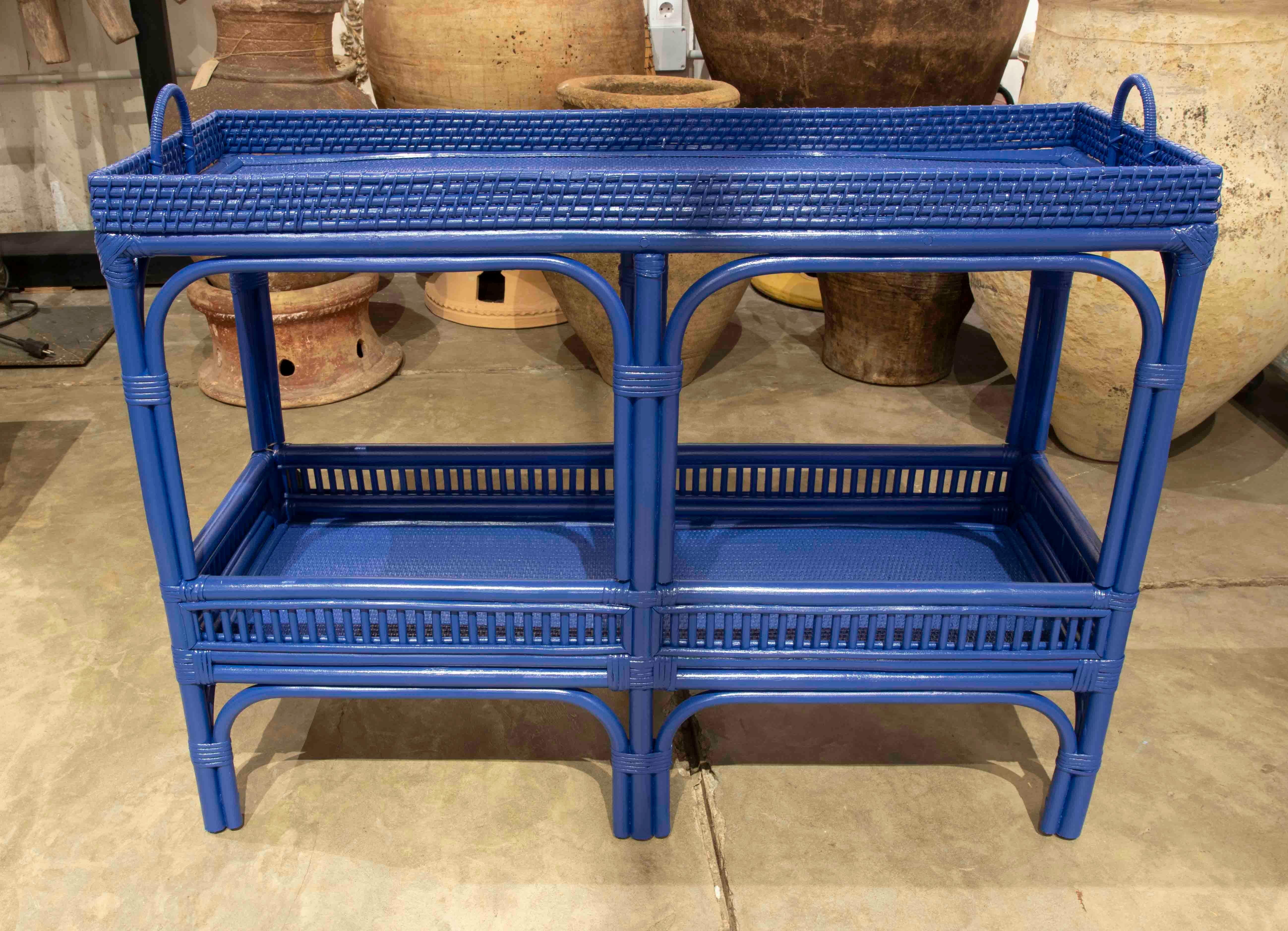 Spanish Rattan and Wicker Shelving Unit with Two Bar Shelves Painted in Blue