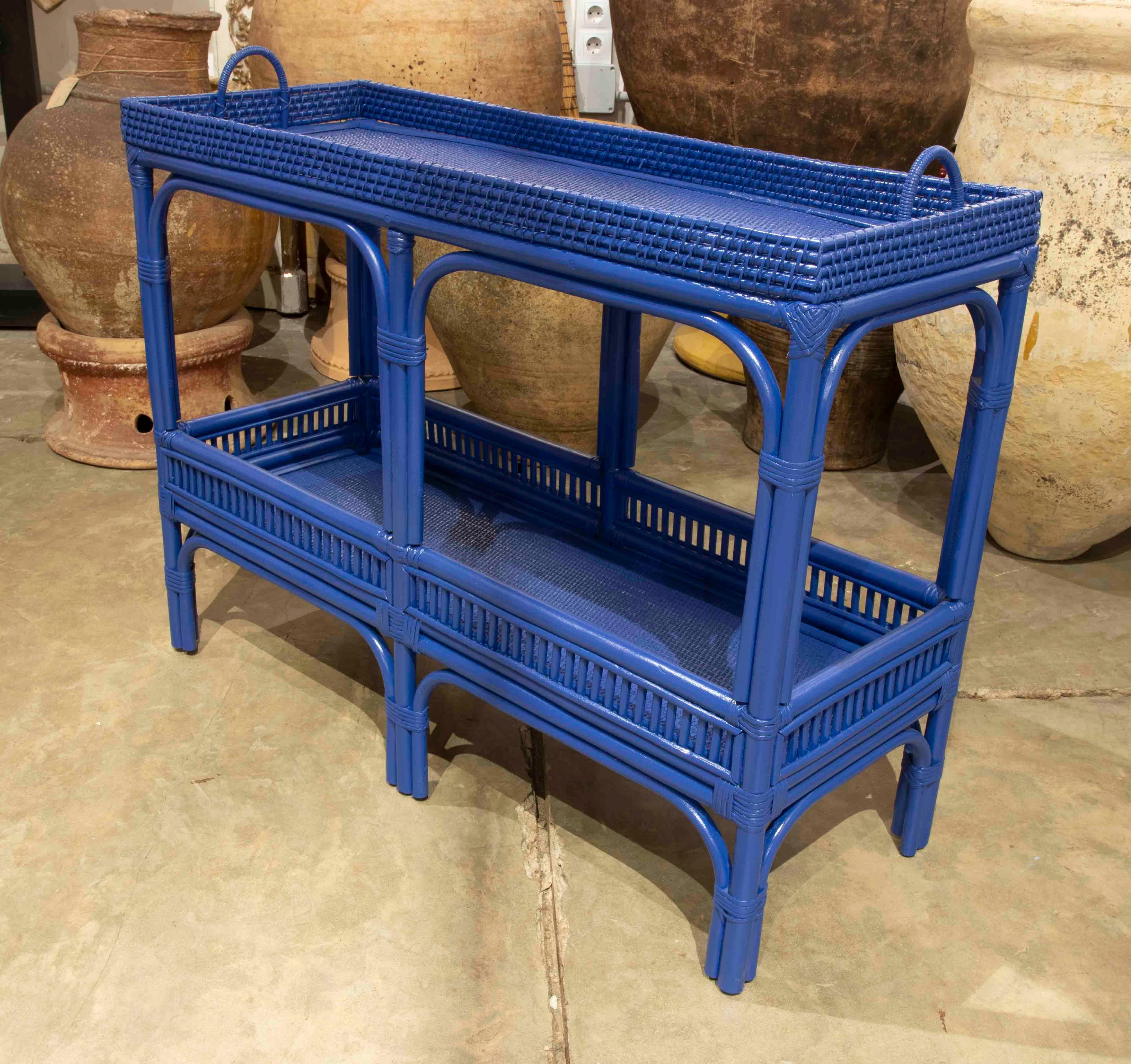 Rattan and Wicker Shelving Unit with Two Bar Shelves Painted in Blue In Good Condition In Marbella, ES