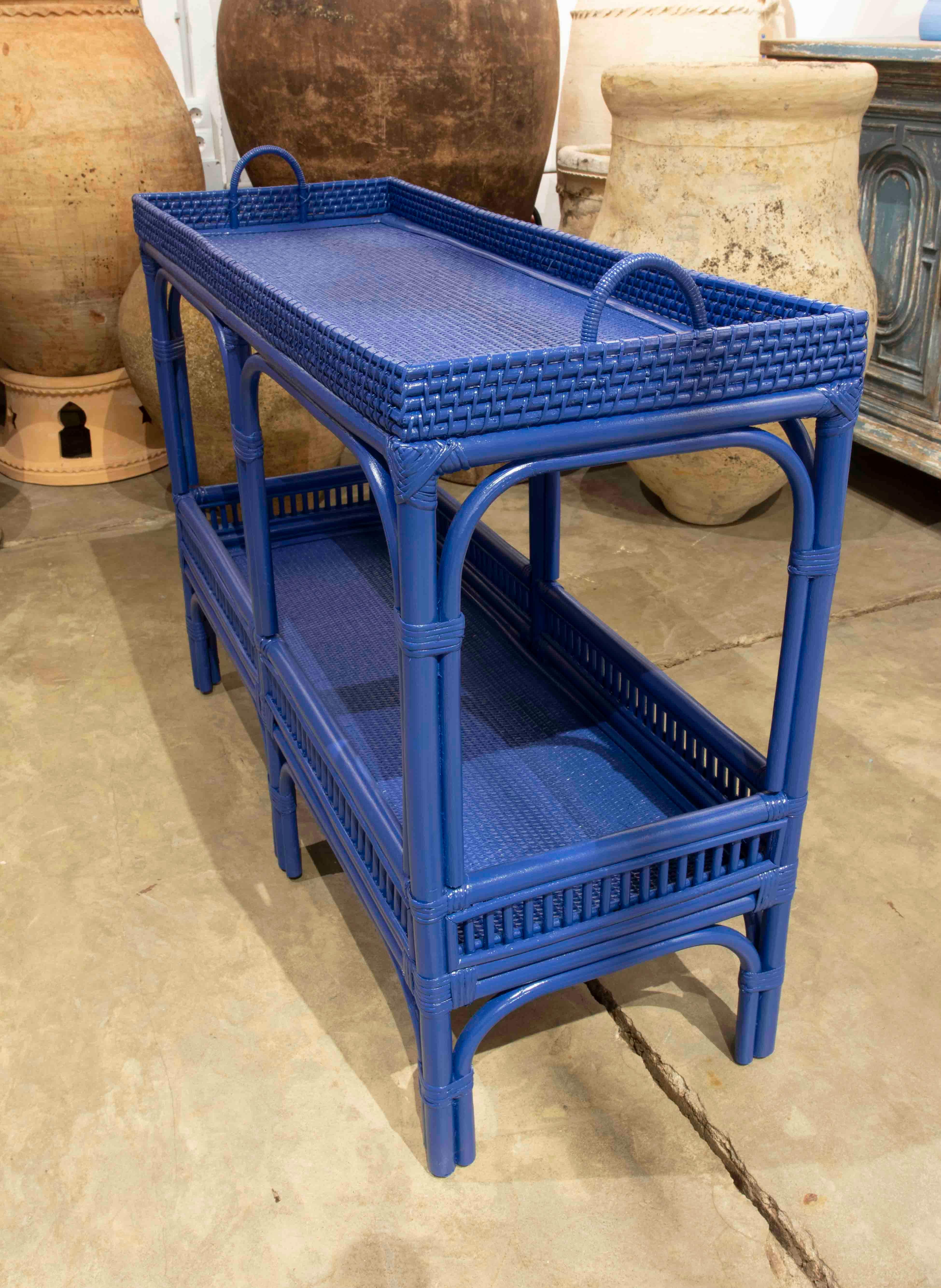 Rattan and Wicker Shelving Unit with Two Bar Shelves Painted in Blue 1