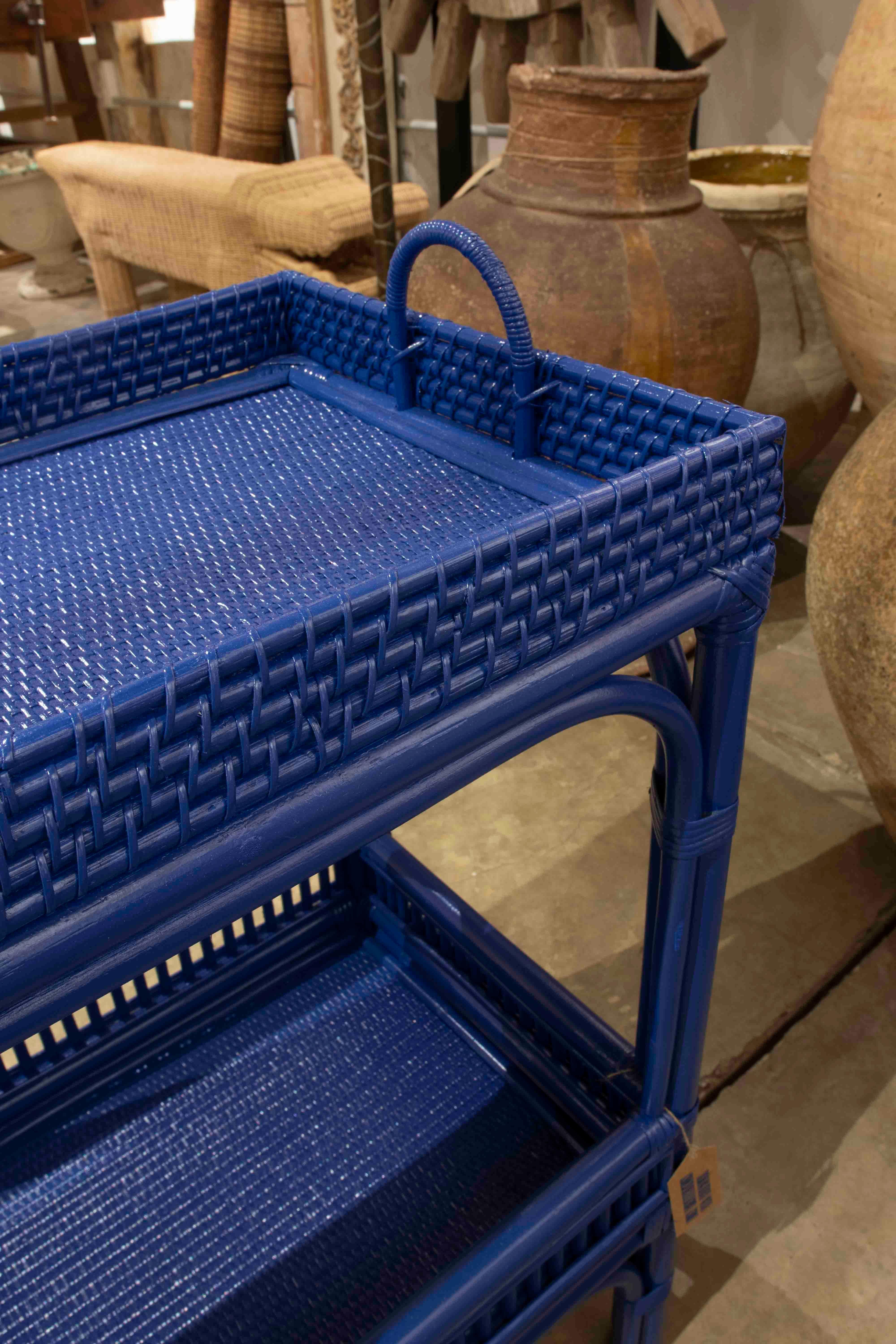Rattan and Wicker Shelving Unit with Two Bar Shelves Painted in Blue 5