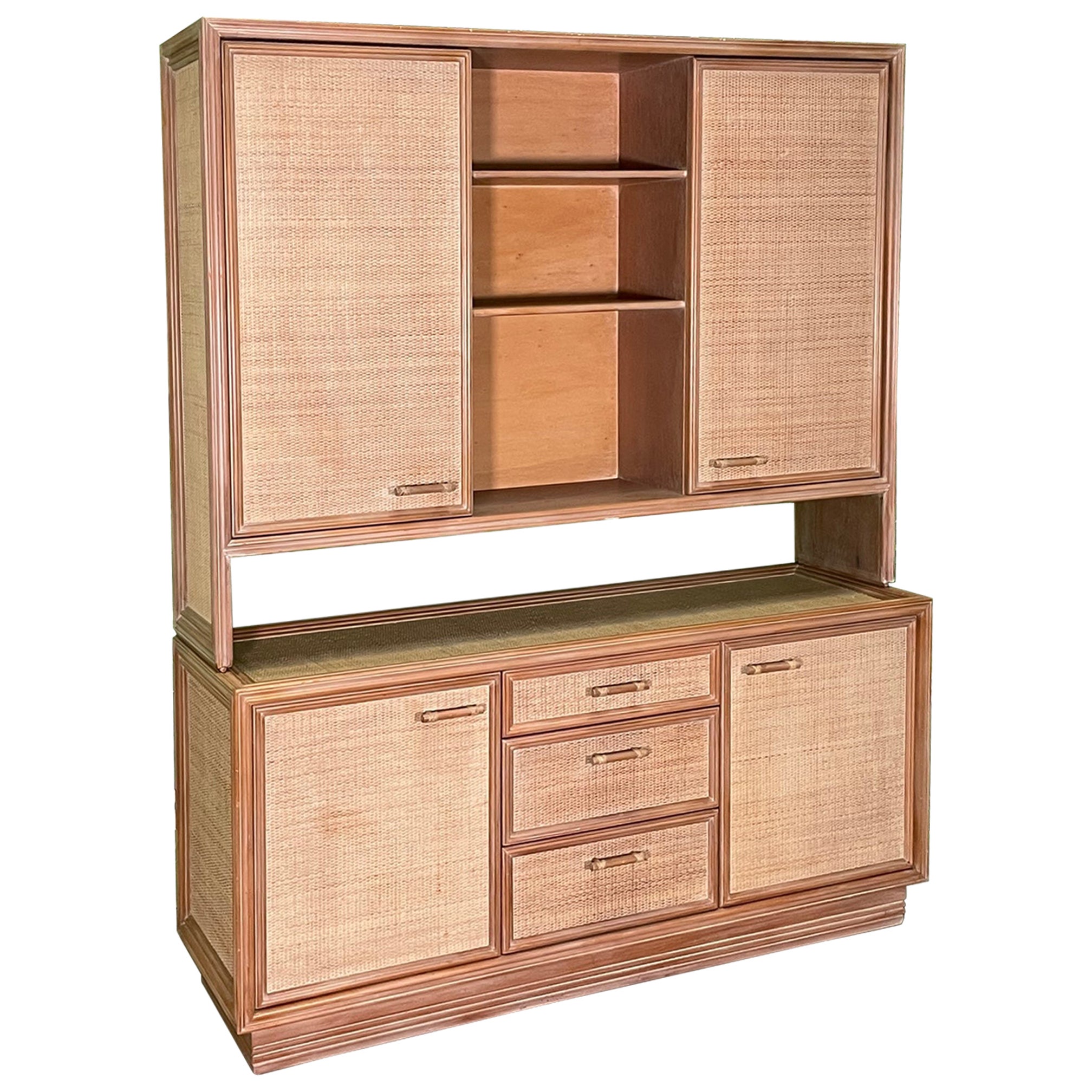 Rattan and Wicker Sideboard and Hutch Attributed to McGuire For Sale