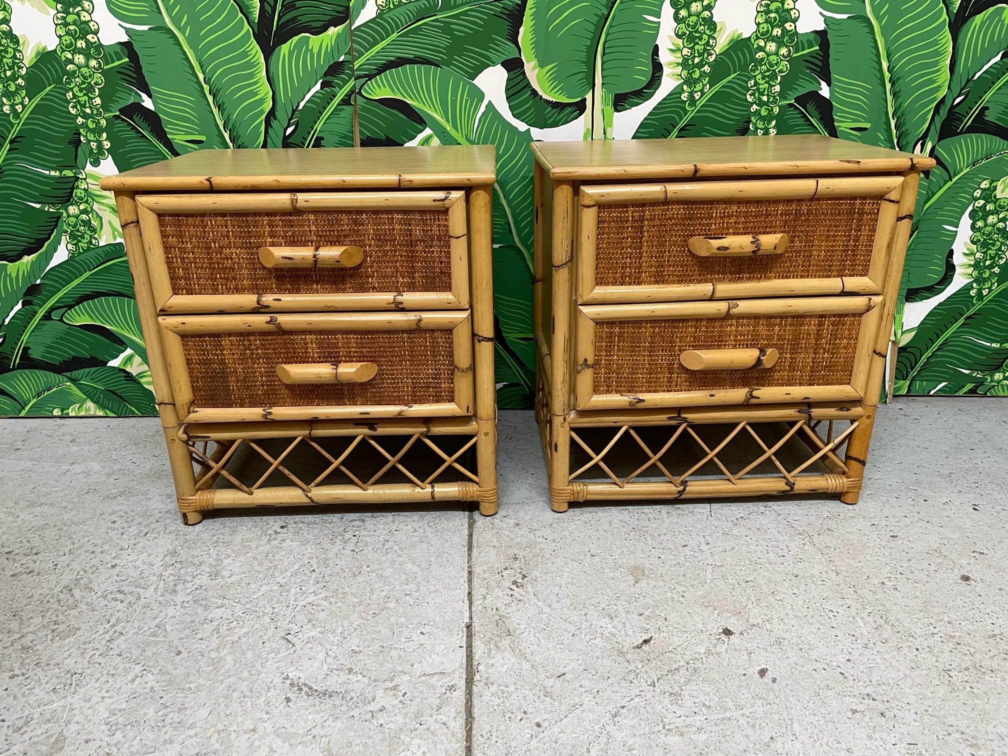 Organic Modern Rattan and Wicker Skirted Nightstands For Sale
