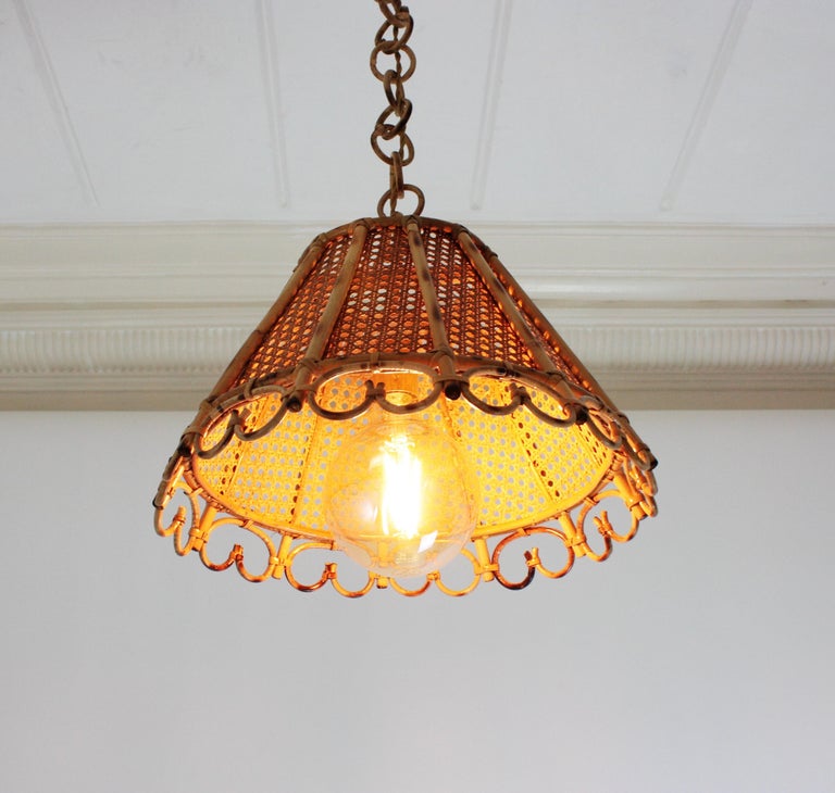 Rattan and Wicker Wire Italian Modernist Conic Pendant / Hanging Light, 1960s 3