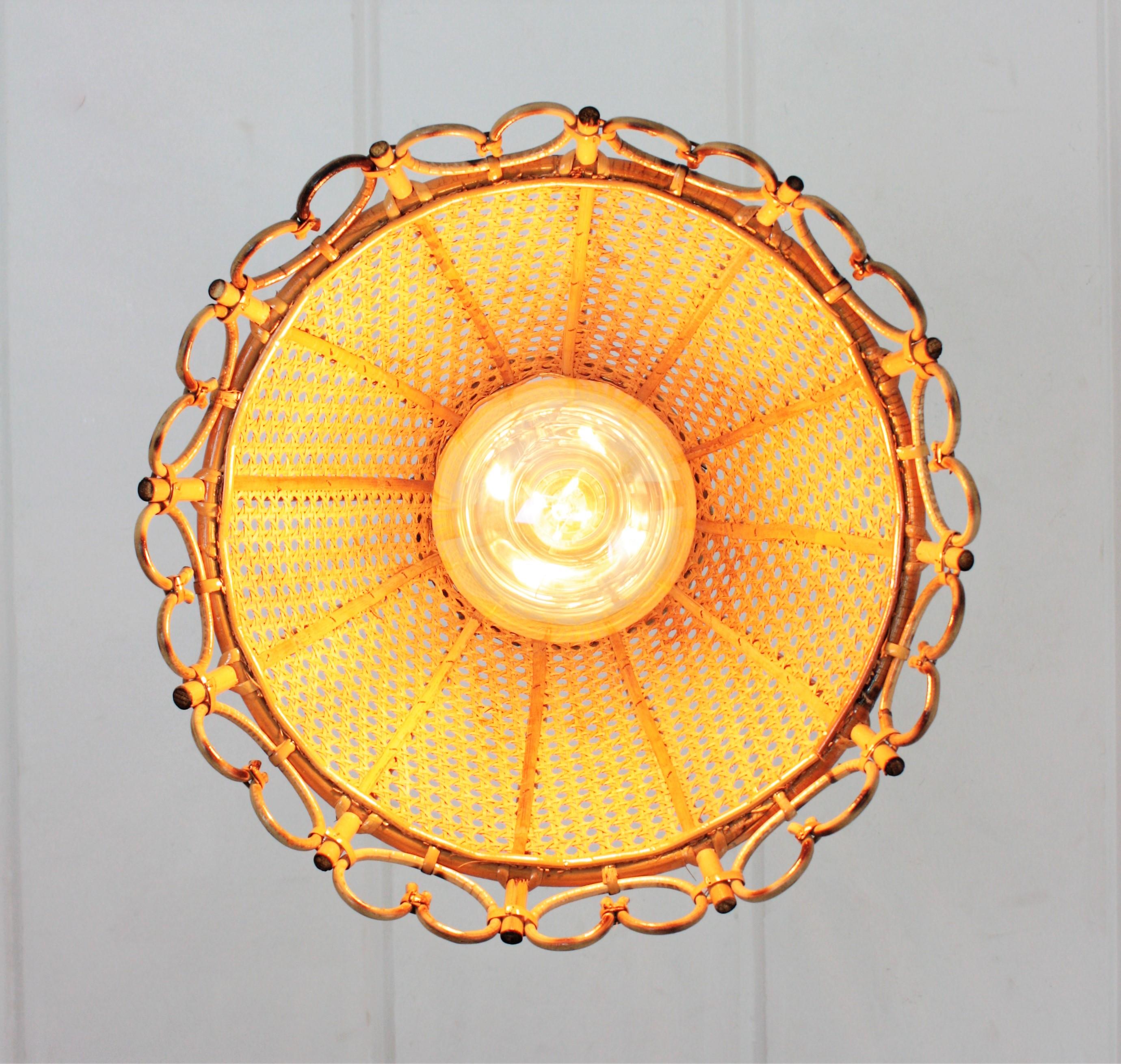 Rattan and Wicker Wire Italian Modernist Conic Pendant / Hanging Light, 1960s 5